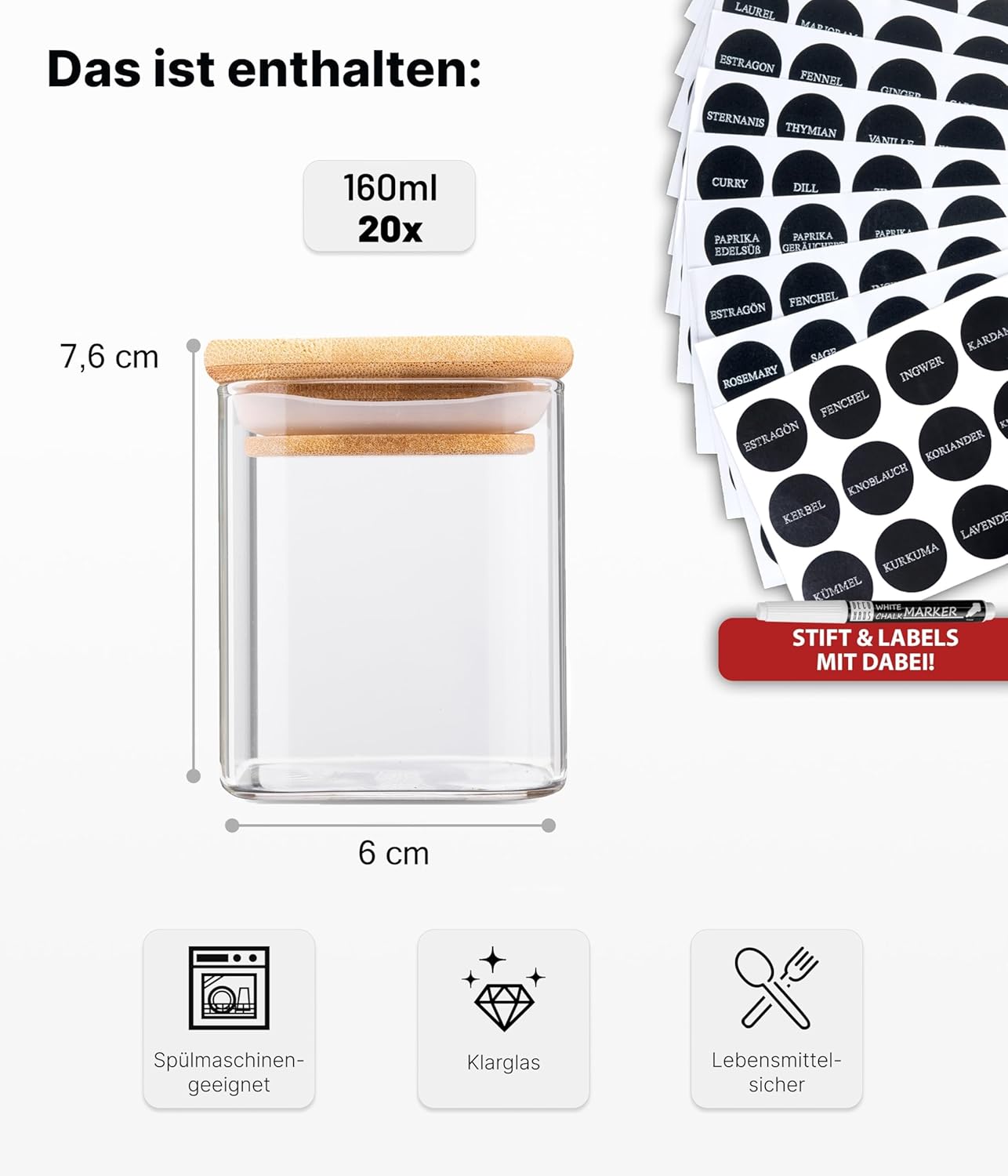 Gewürzgläser-Set mit Deckel, 20 Stk., Eckig
