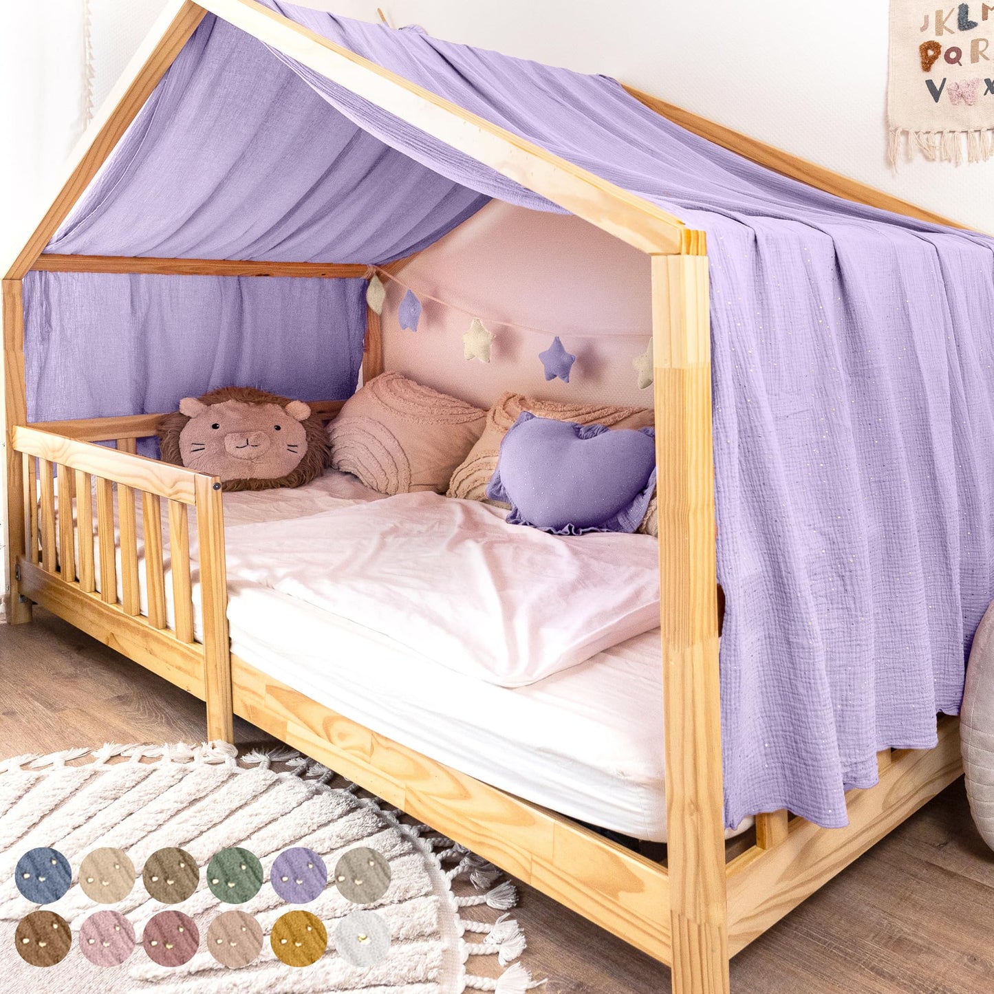 Hausbett Stoffhimmel, Flieder mit Gold 135 x 360cm