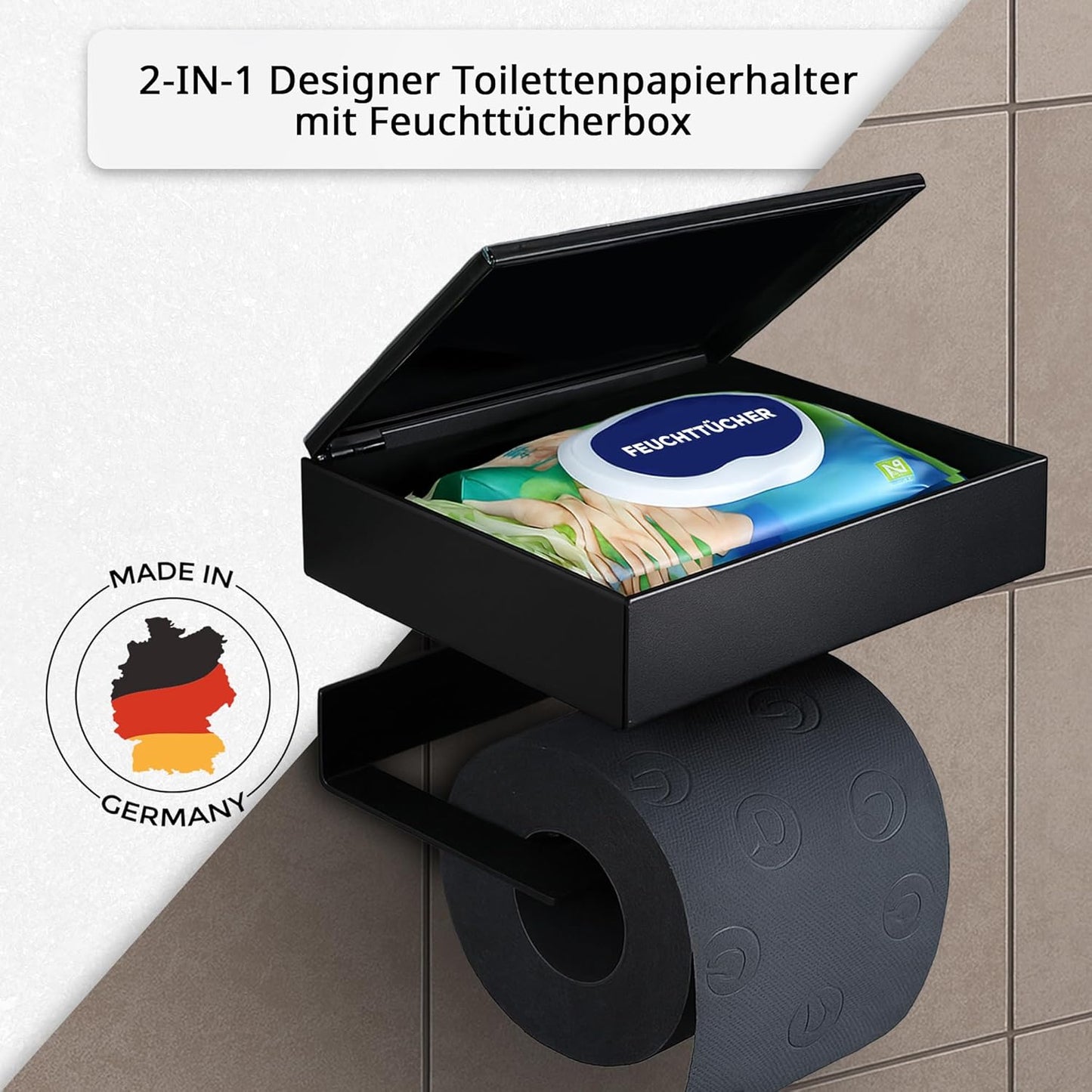 2-in-1 Toilettenpapier- und Feuchttuchhalter, Gehäuse Schwarz Matt Glas Schwarz Rechts