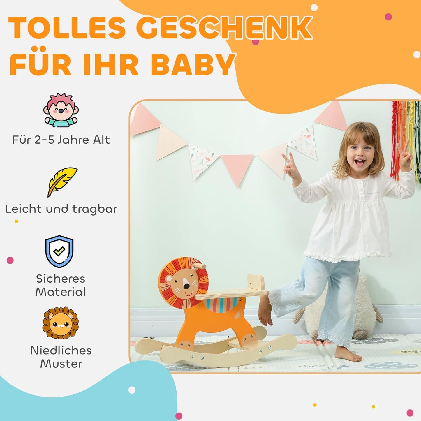 Schaukelpferd Mehrschichtenplatte Orange, Löwendesign