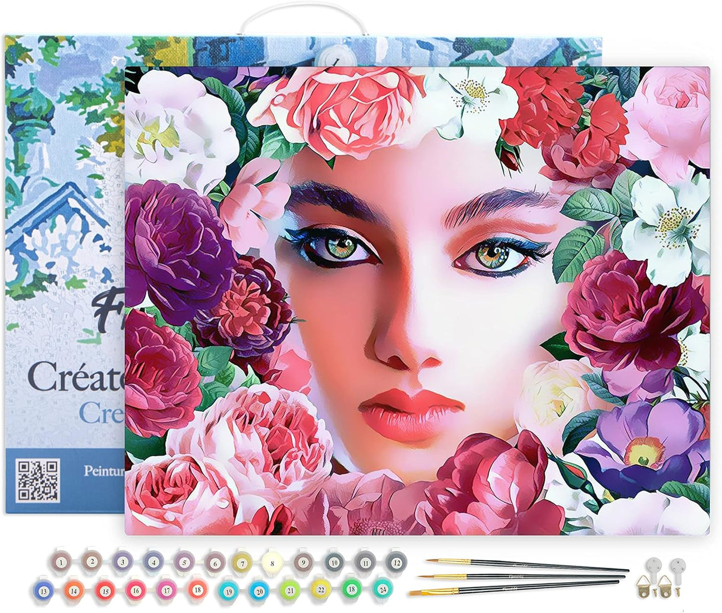Malen nach Zahlen Set mit Rahmen, Gesicht und Blumen 40x50cm Mit Rahmen (bereits gespannt)