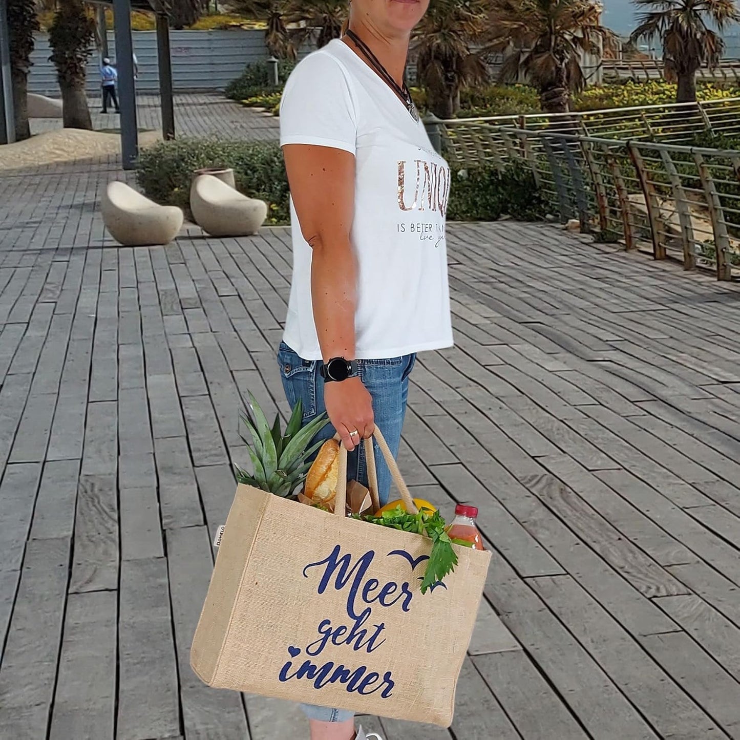 Vegane Jutetasche Shopper 24L mit Reissverschlussfach, Meer Geht Immer
