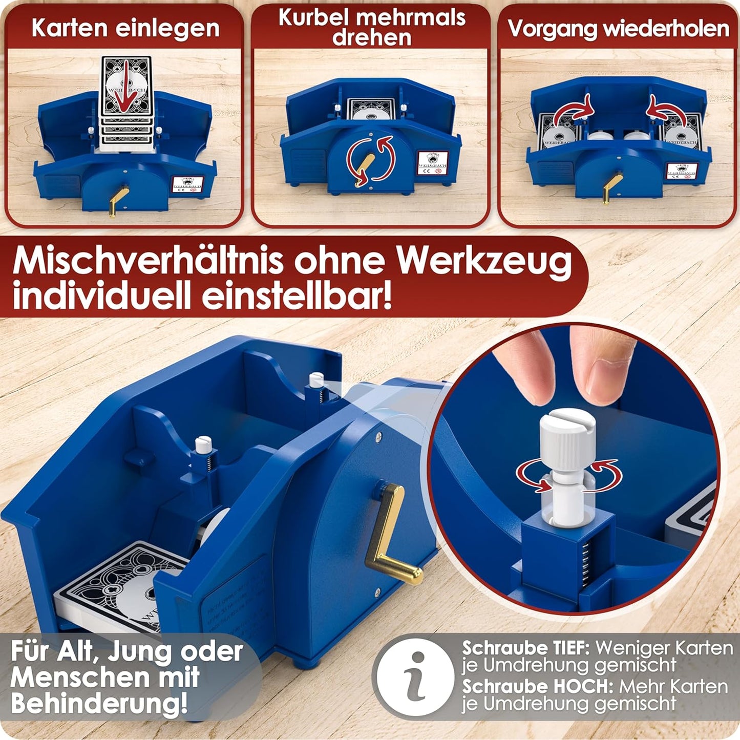 Kartenmischmaschine mit Kurbel & Kartensets, Blau
