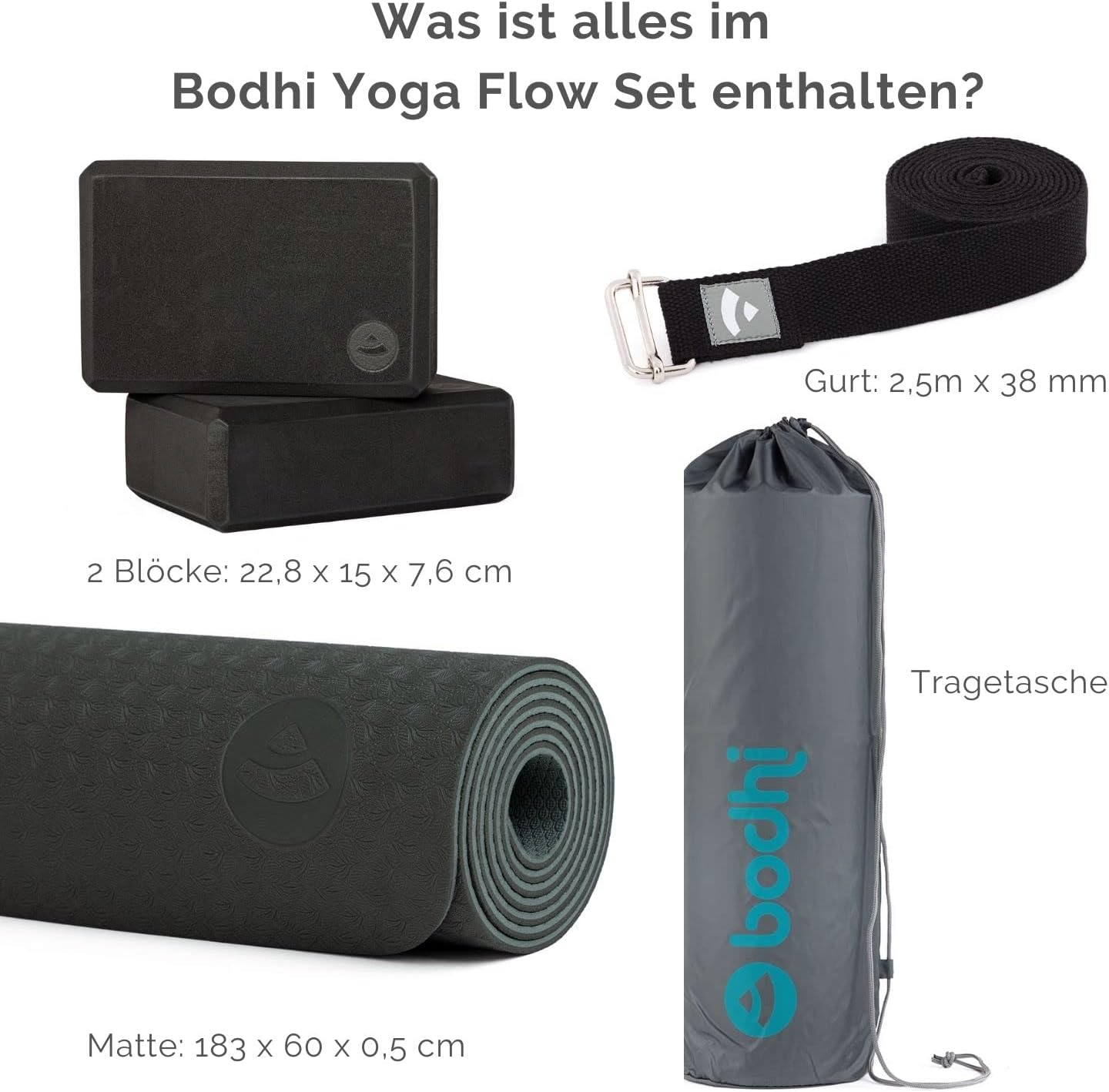 Yoga Starter-Set mit Matte, Blöcken & Gurt, schwarz