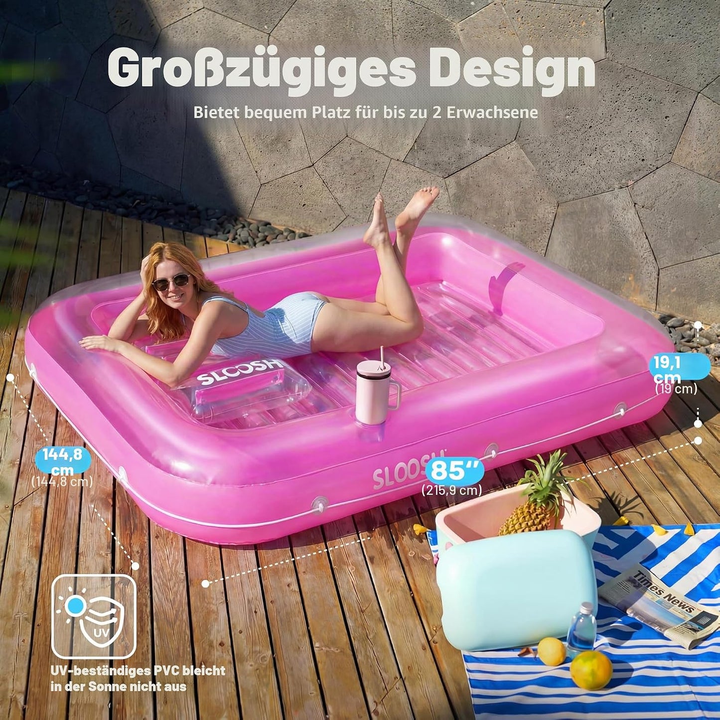 Aufblasbarer Sonnenpool mit abnehmbarem Kissen und Getränkehalter, Rosa XL