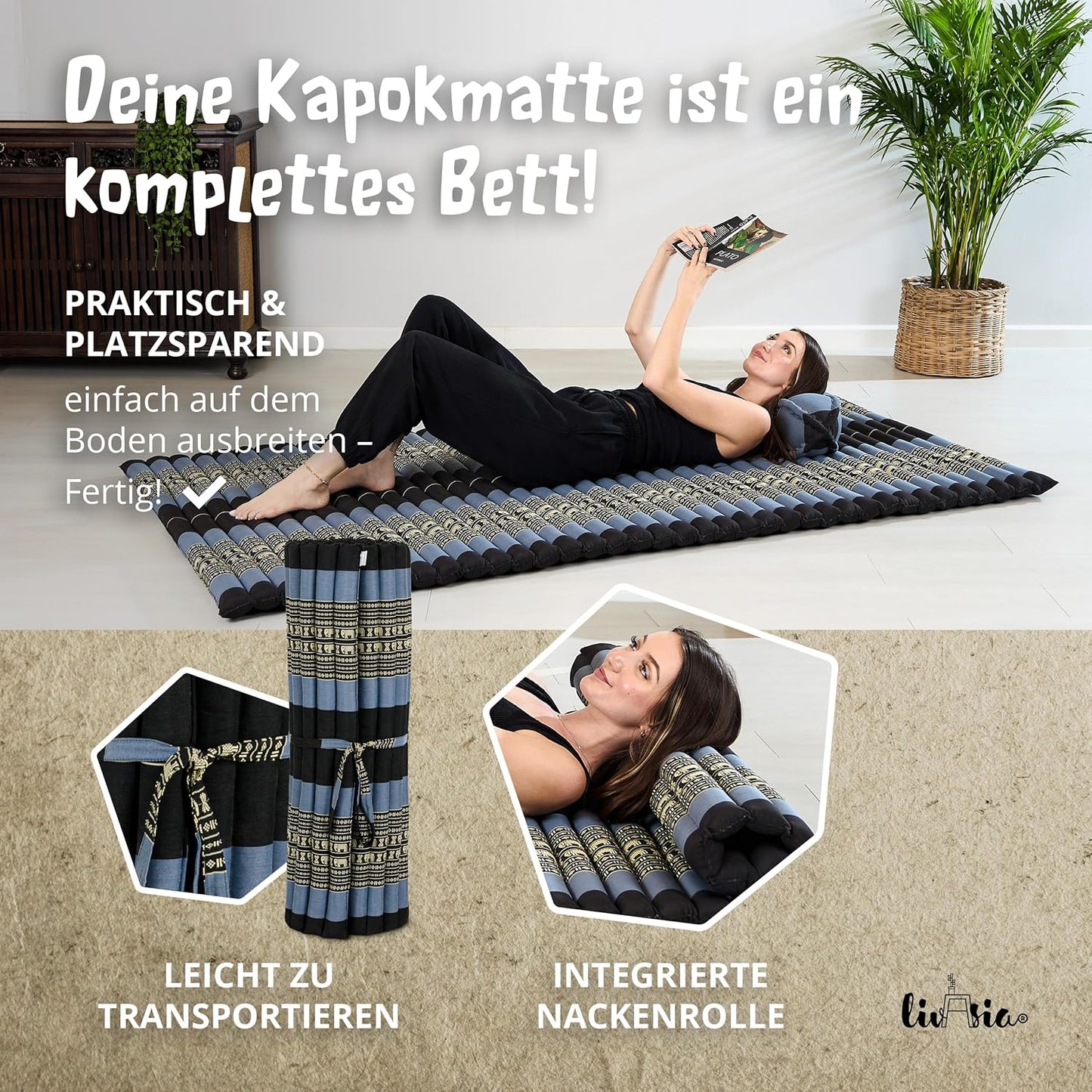 Rollmatte Rollmatratze Gästebett (200x110x4,5cm), L (200 x 110 cm) Blau/Elefanten