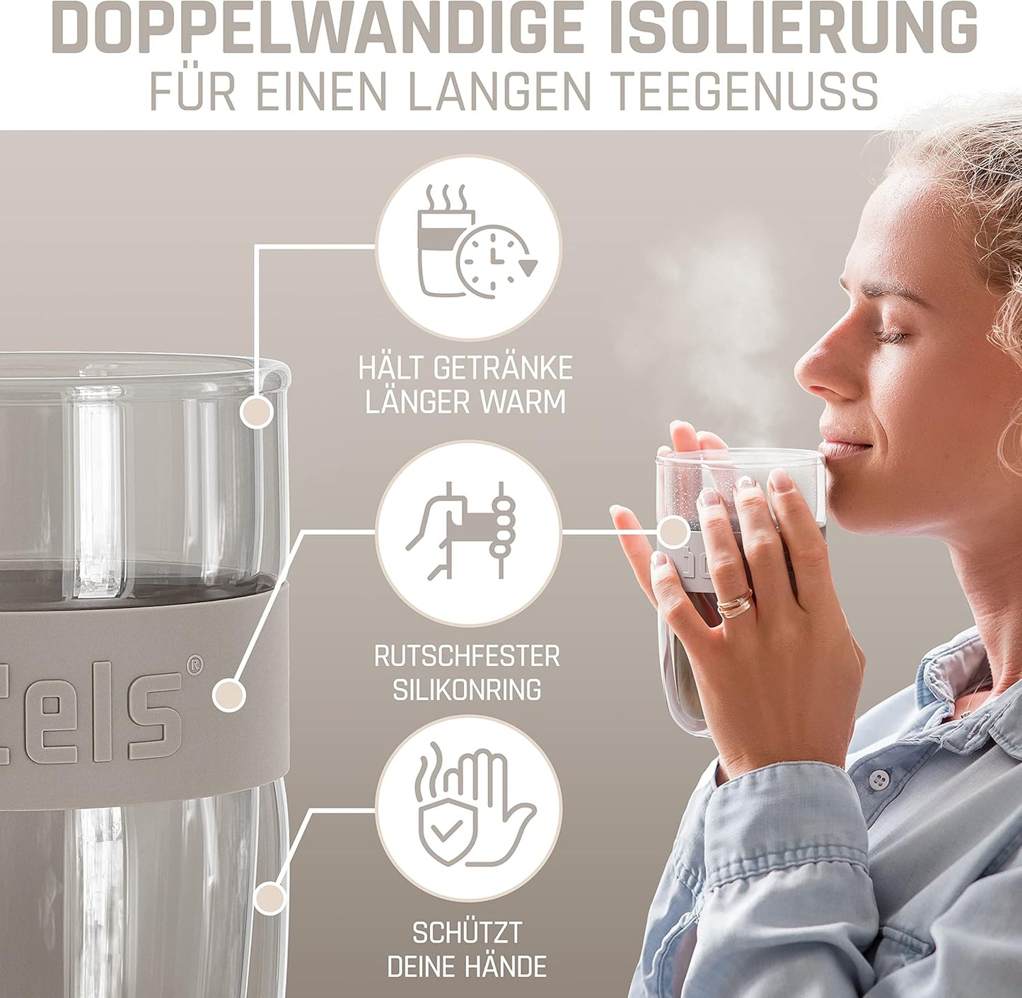 Doppelwandiger Teebecher mit Edelstahl-Sieb, 380ml, Taupe