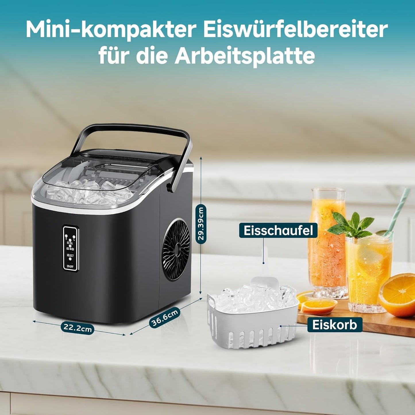 Tragbare Eiswürfelmaschine, 12 kg/Tag, selbstreinigend, Schwarz-1.2L