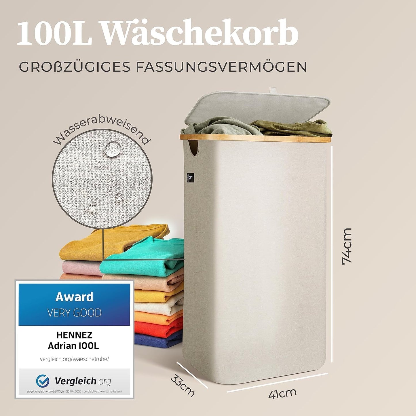 Wäschekorb mit Deckel, 100L 100l Beige-grau