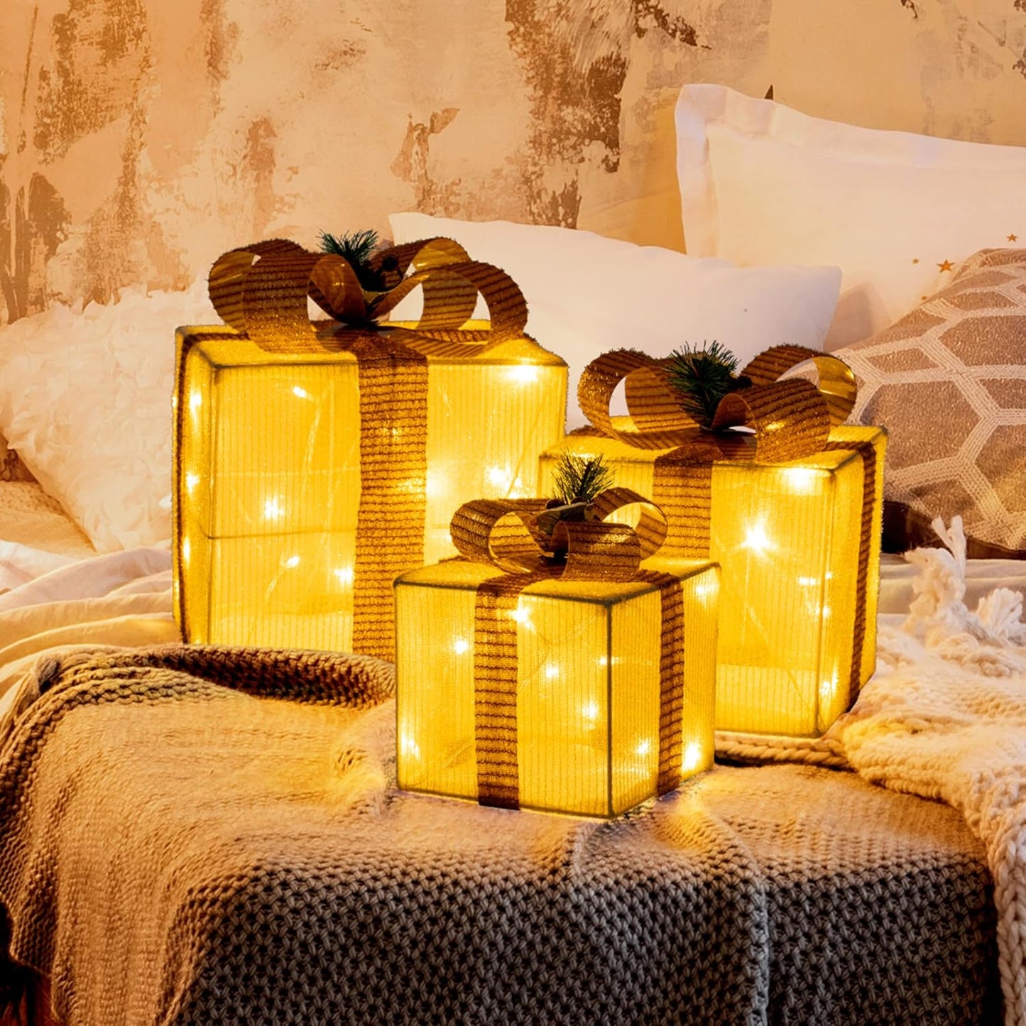 3er-Set LED-Weihnachts-Geschenkboxen, Golden