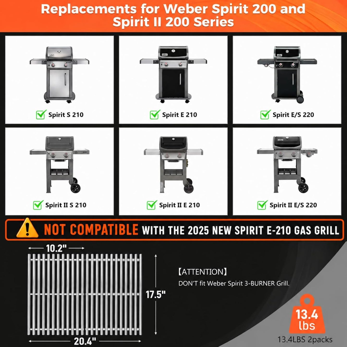 2 x Grillroste für Weber Spirit 200 Serie, 9mm 304 Stainless Steel for Spirit 200