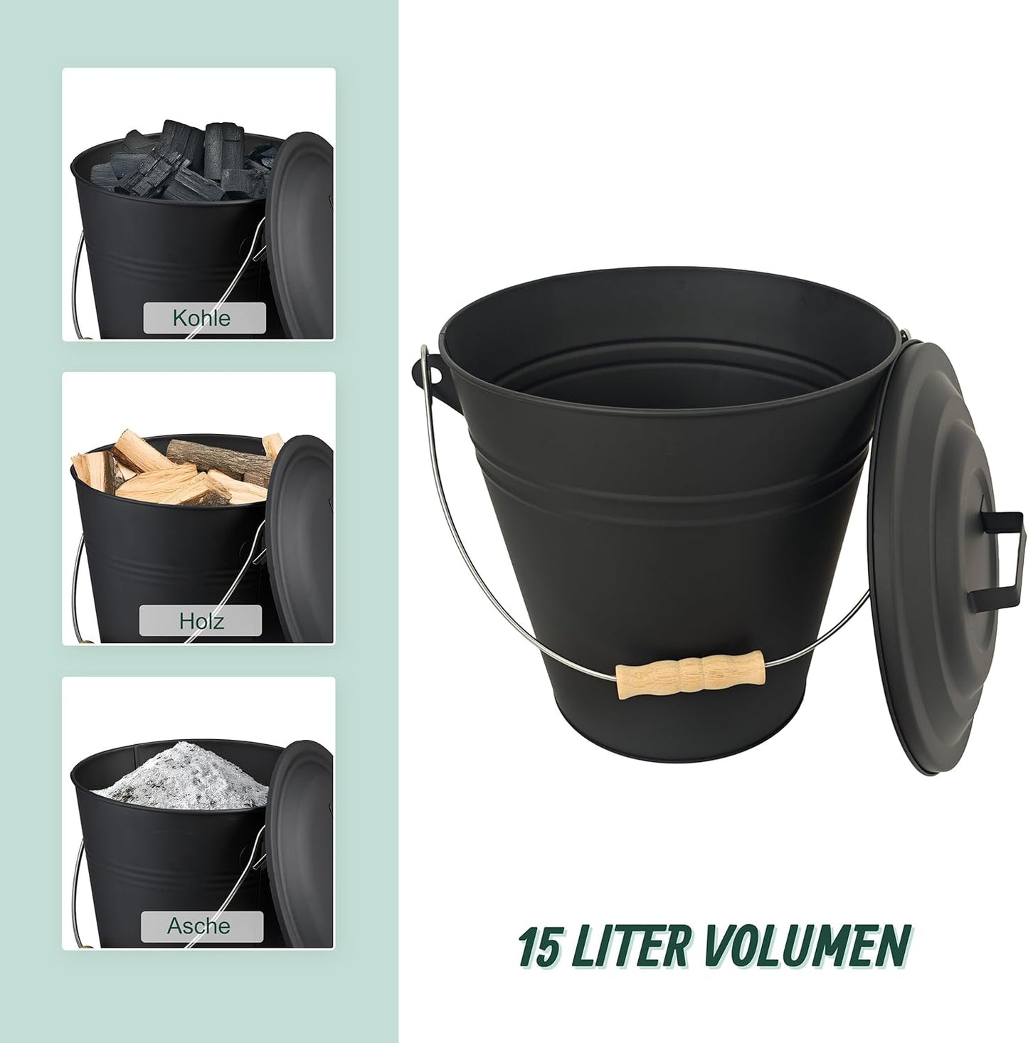 Ascheeimer-Set mit Besen und Schaufel, 15 Liter