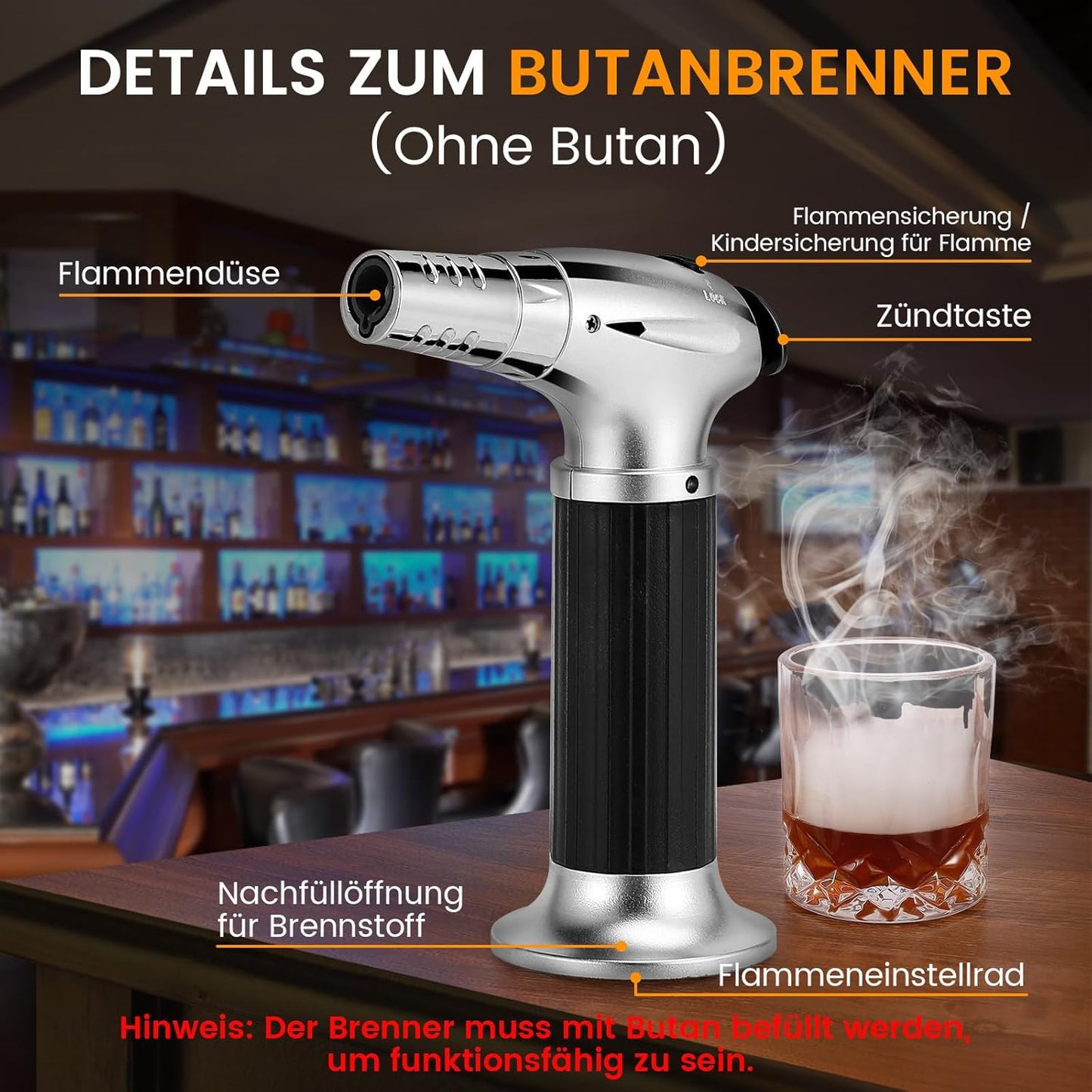 Cocktail Smoker Set mit Brenner & Gläsern, Torch & 2 Glasses