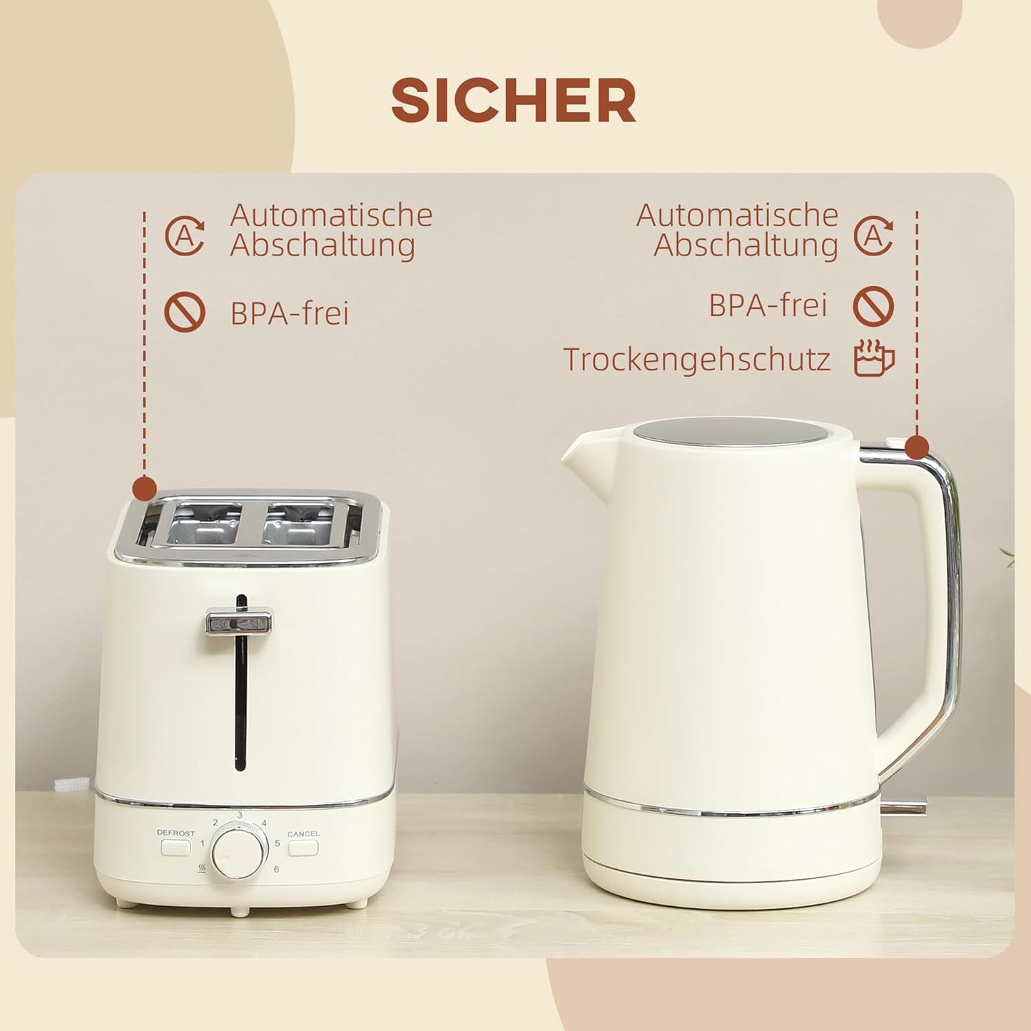 Wasserkocher Toaster Frühstücks-Set mit Kalkfilter, Beige