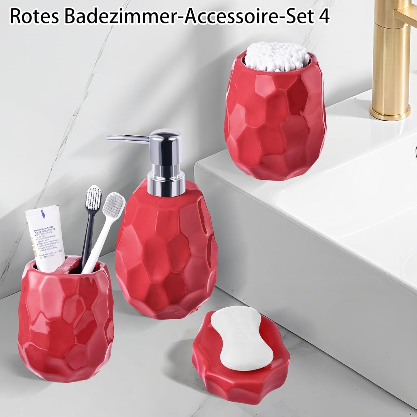 4-teiliges Badezimmer-Zubehör-Set, Rot