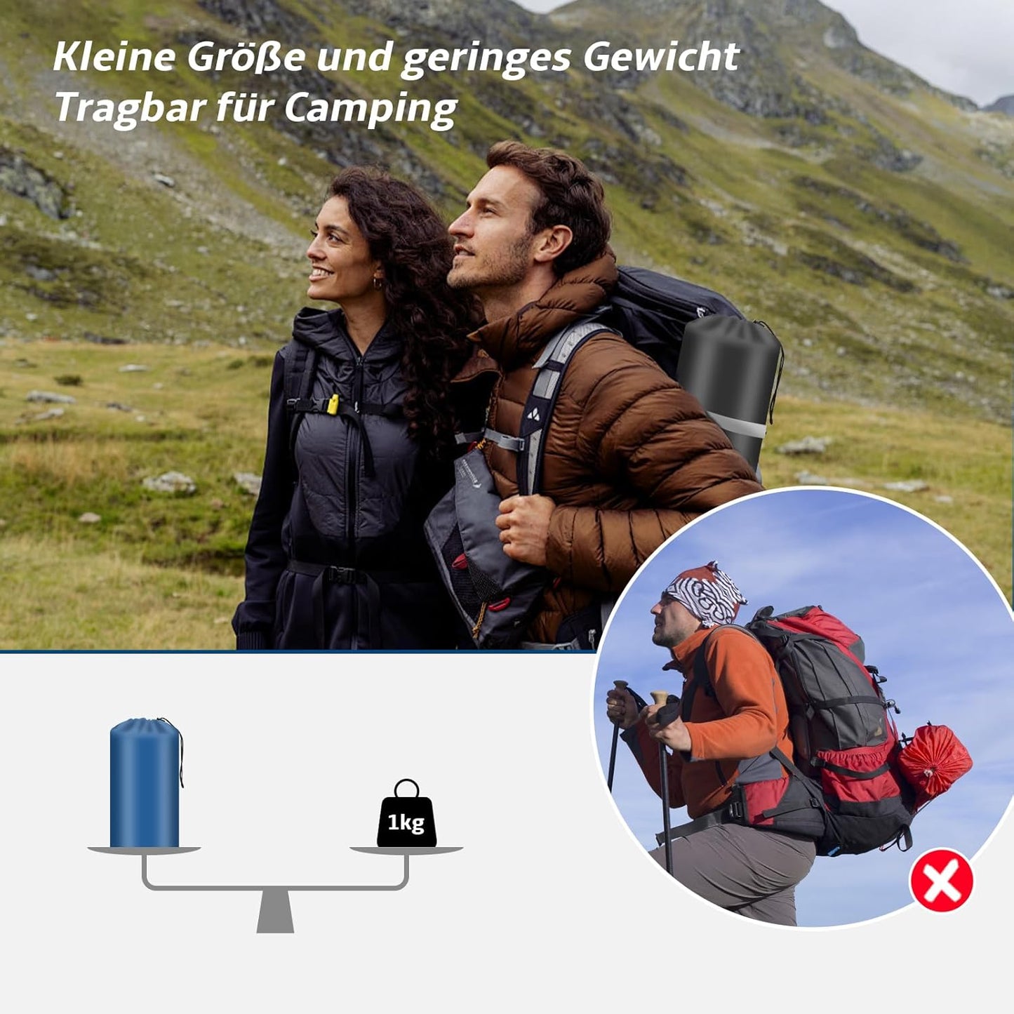 Aufblasbare Isomatte mit Fusspumpe und Kopfkissen, Marineblau