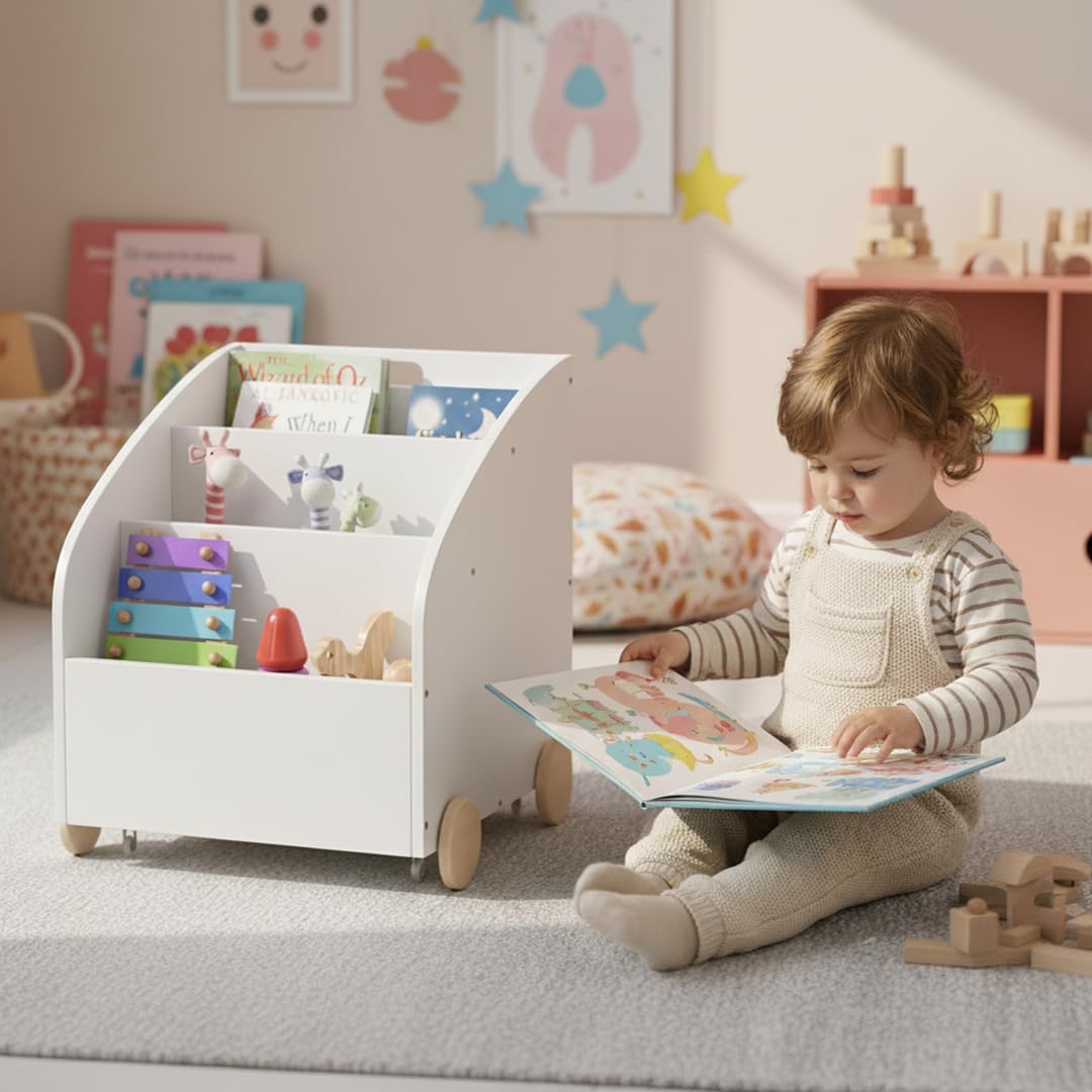 Towy Kinder Bücherregal mit Rollen und Geheimfach, Weiß