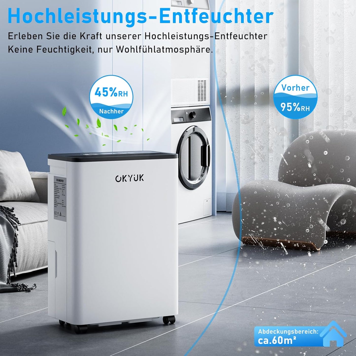 Elektrischer Luftentfeuchter mit Feuchtigkeitsanzeige, 12L