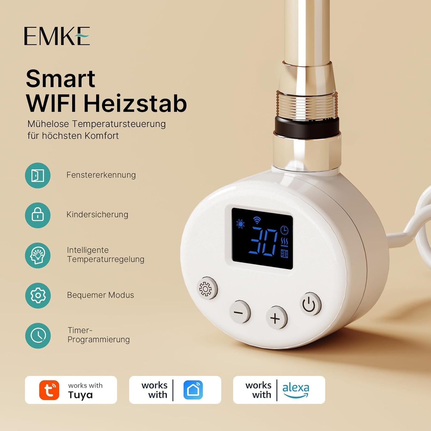 Heizstab mit Thermostat für Badheizkörper, 900 W Weiss - Wifi Model