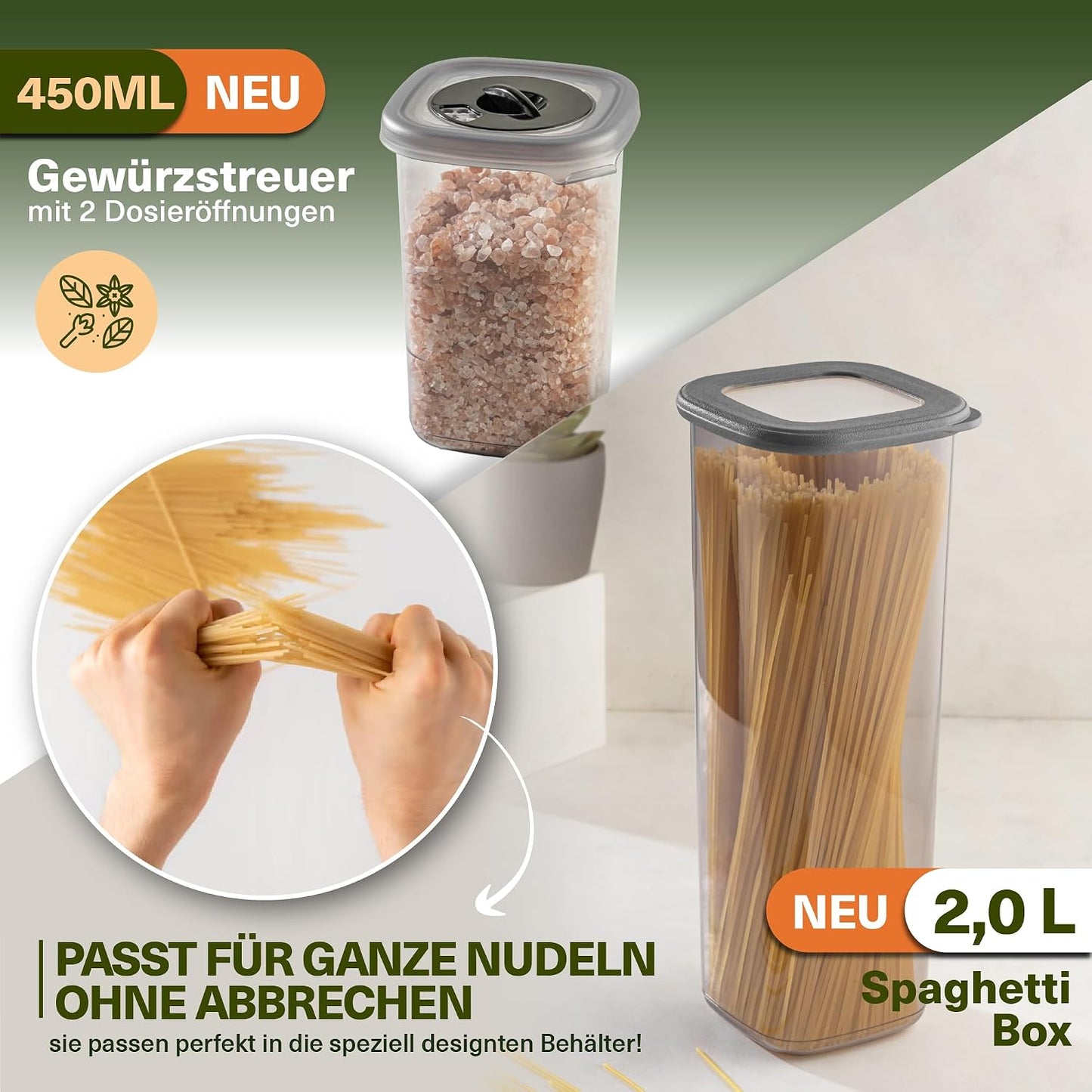 Vorratsdosen-Set (18-teilig, luftdicht, stapelbar), 12er Set + 6 Gewürzstreuer