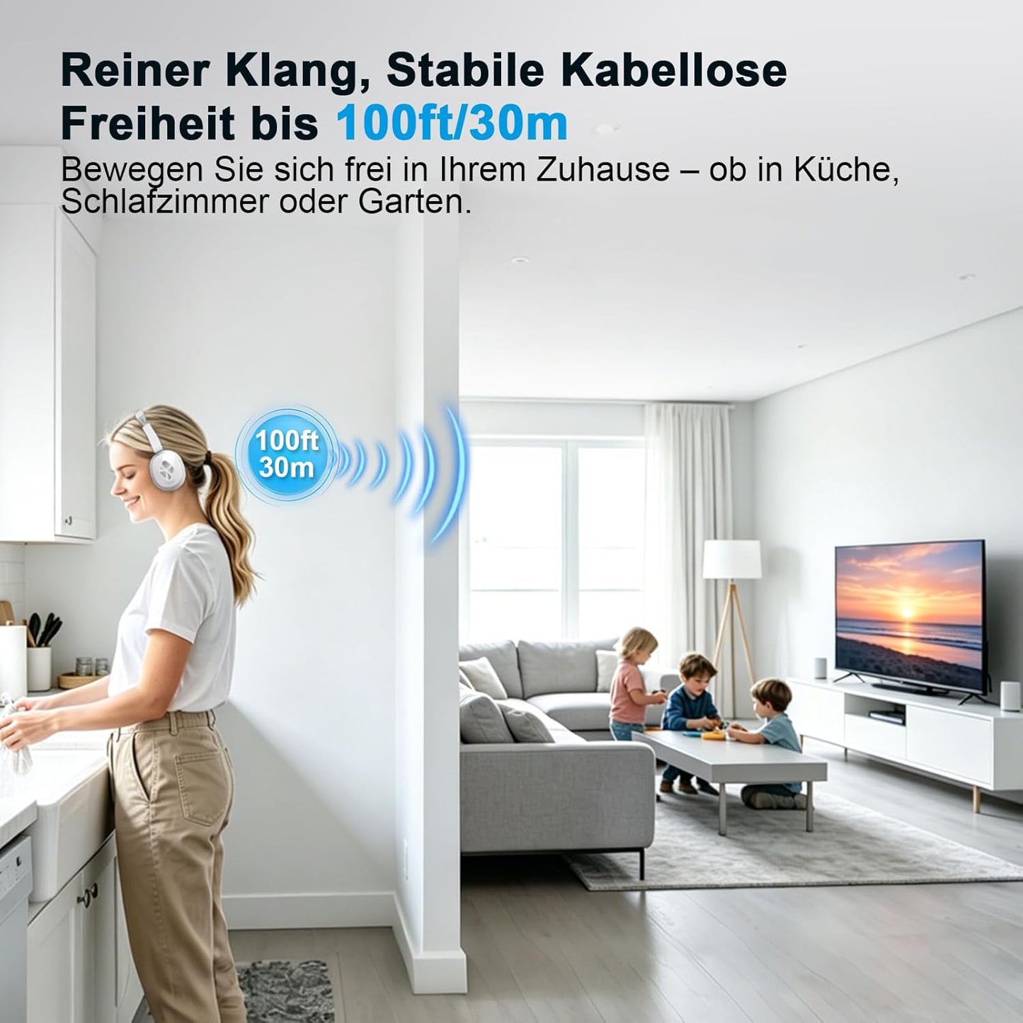 Kabellose TV-Kopfhörer mit Sender-Ladestation, silberweiss