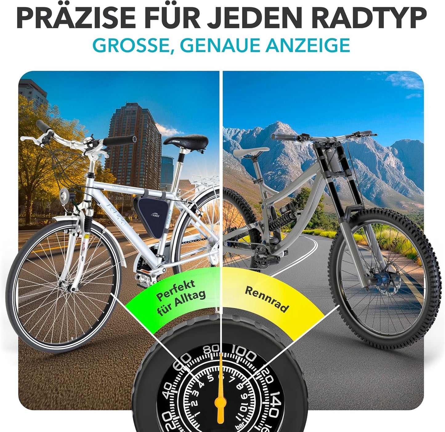 Velopumpe mit Manometer für alle Ventile, Standpumpe Schwarz