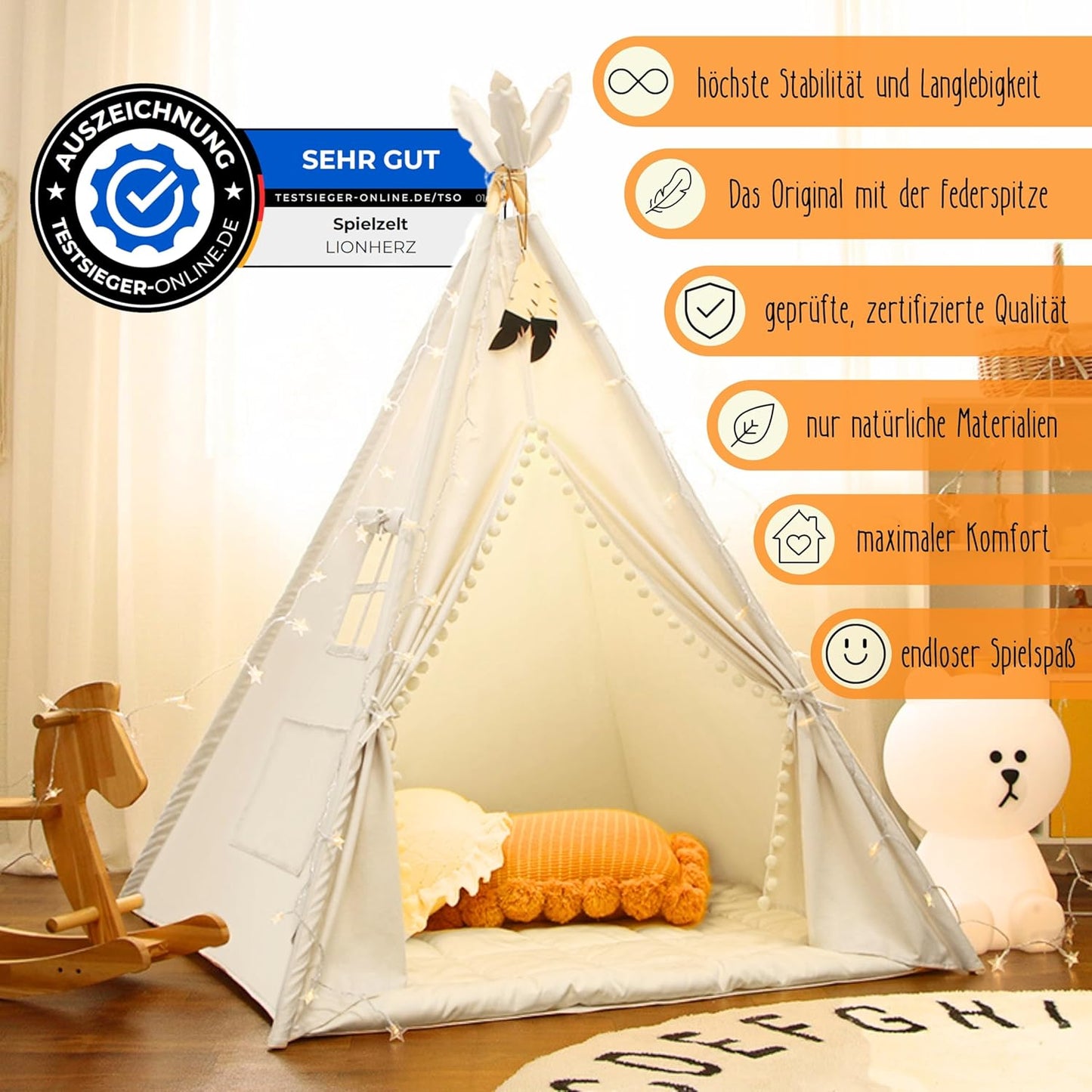 Tipi Zelt mit Kuschelmatte, Reinweiss