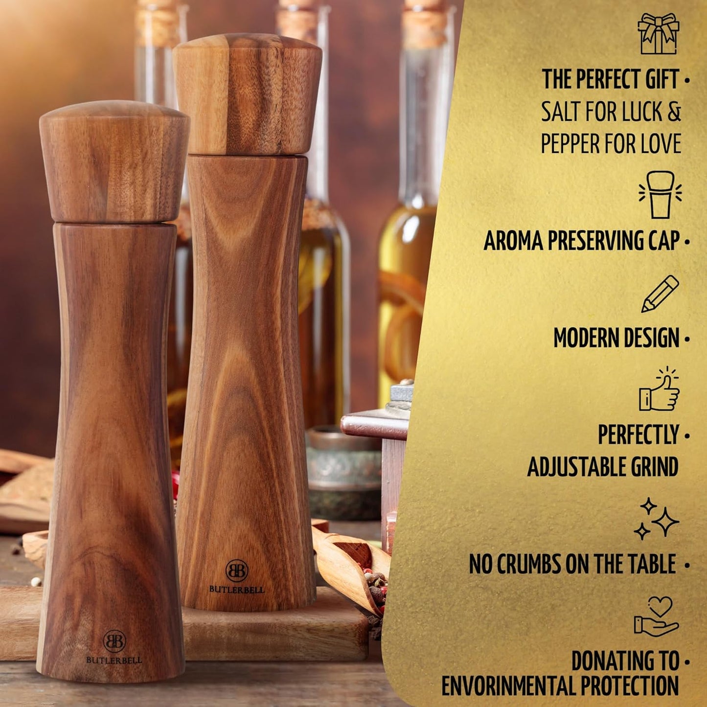 Salz- und Pfeffermühlen-Set mit Untersetzer, Salt And Pepper Mill - English