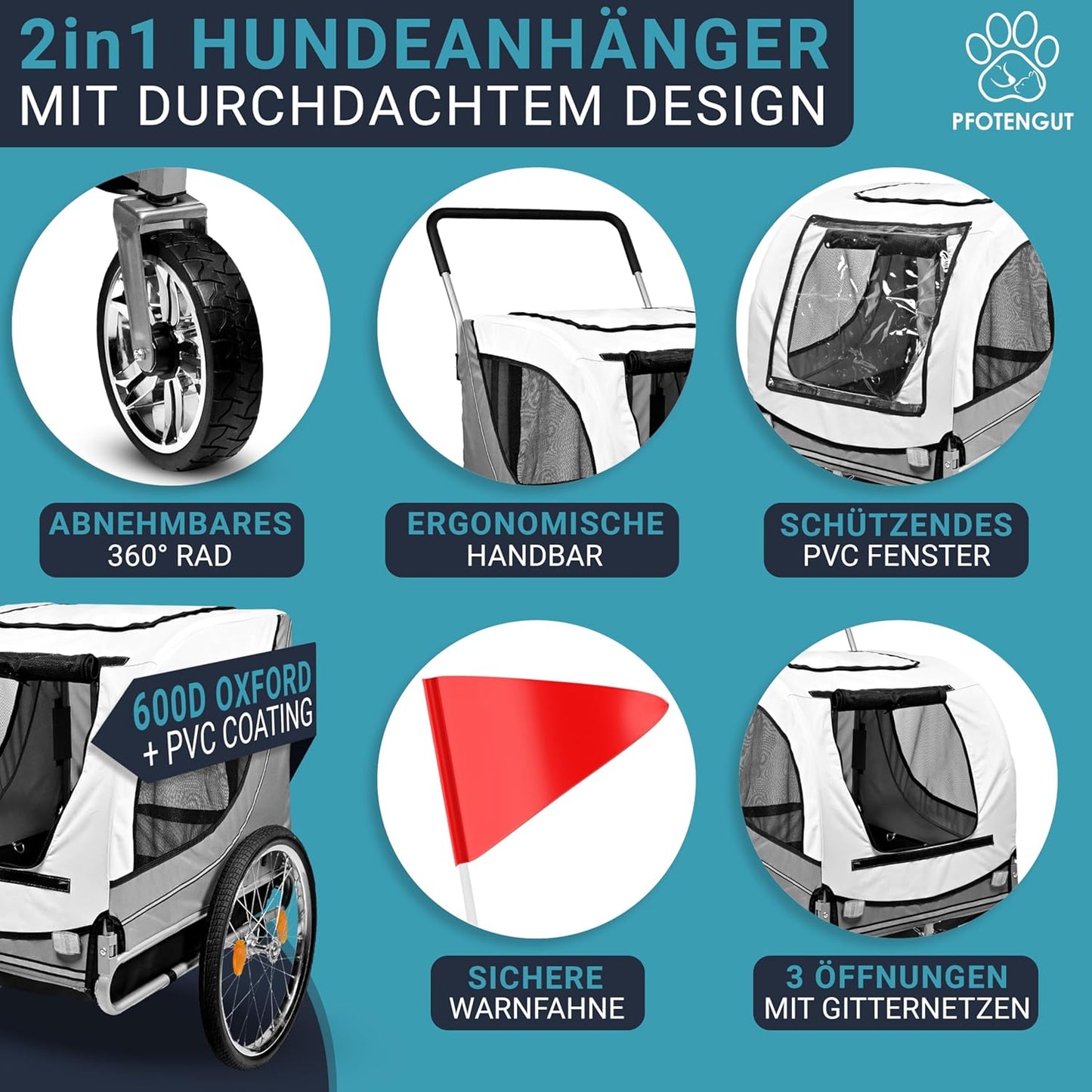 2-in-1 Hundeanhänger & Hundebuggy mit Sicherheitsgurt, Reflektoren, Regenschutz & Warnfahne