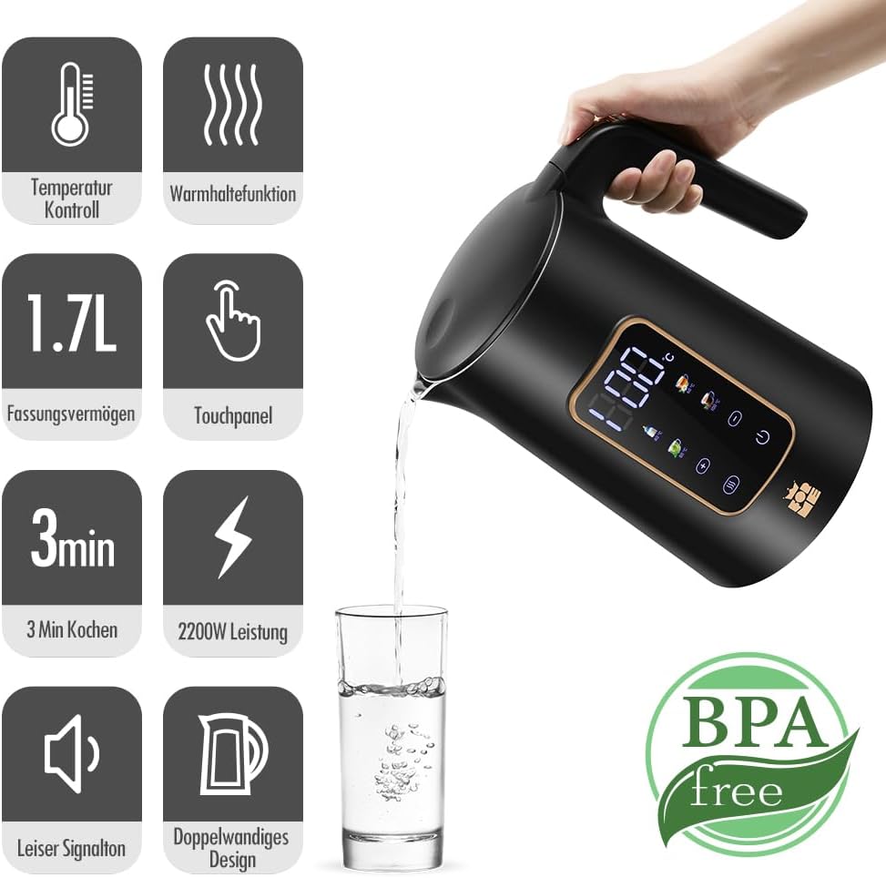 Edelstahl Wasserkocher mit Temperatureinstellung (1,7L), Schwarz 6017