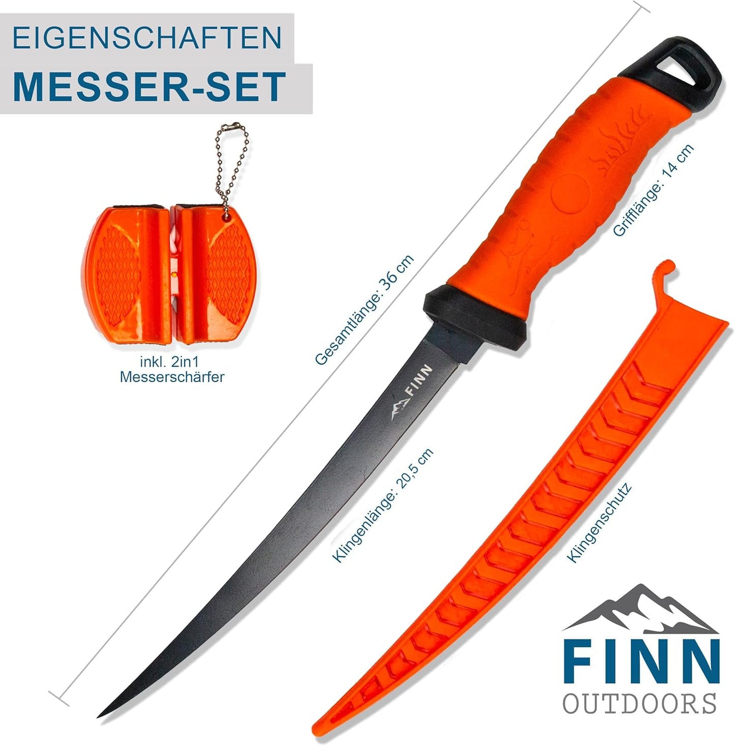 Filetiermesser-Set mit Messerschärfer & Handschuhen, Orange