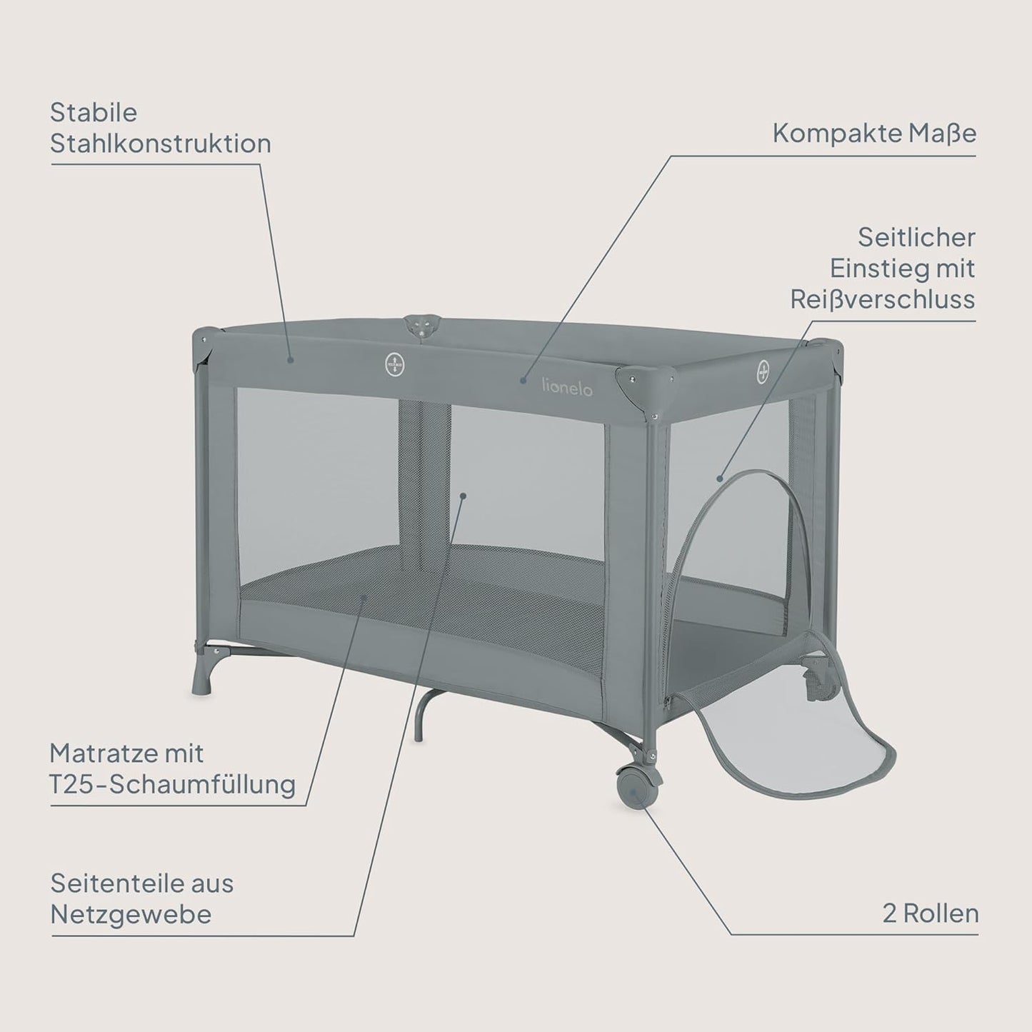 Amelie Baby-Reisebett faltbar mit Matratze, Grau