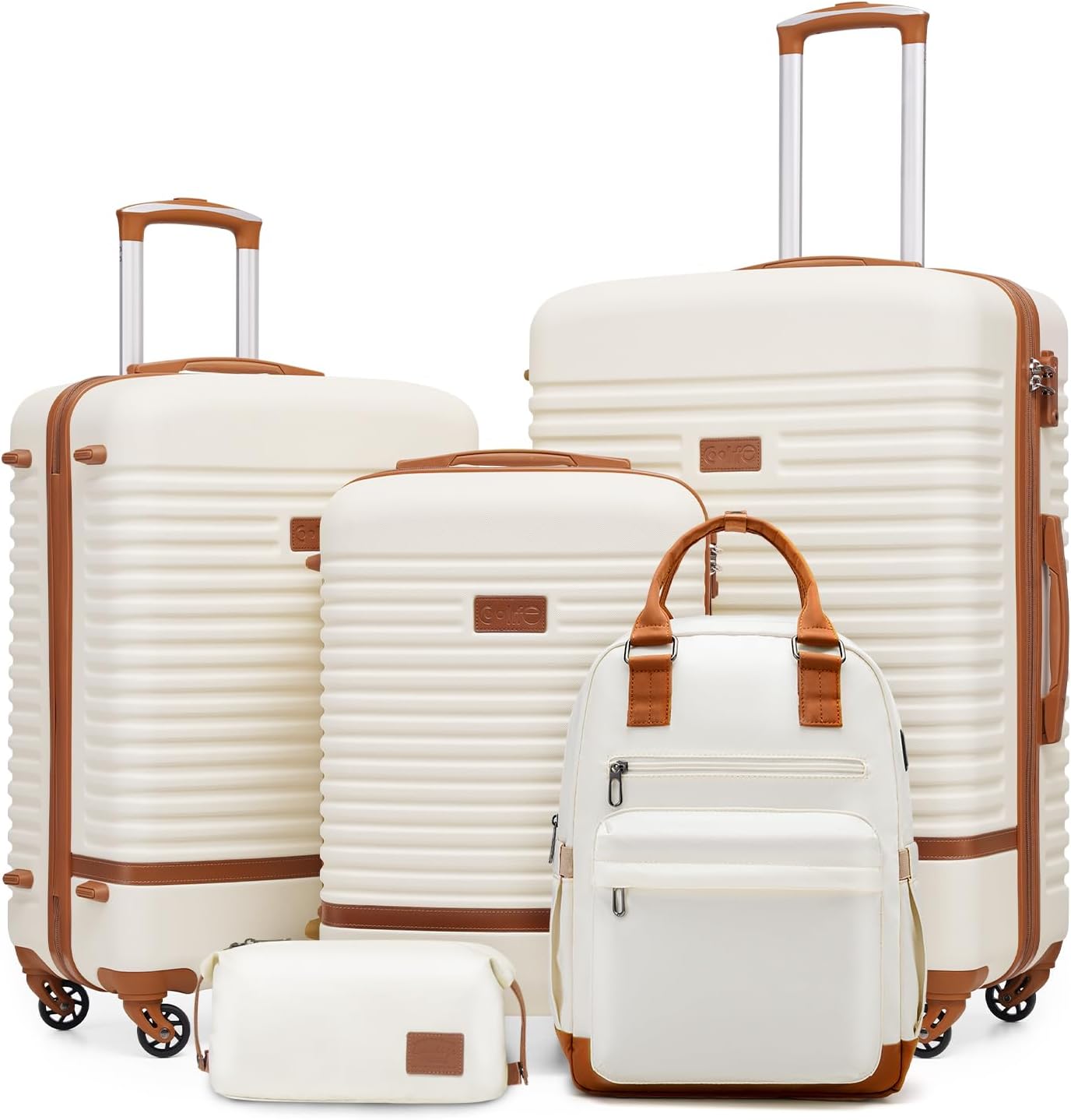 5-teiliges Hartschalen-Trolley-Set mit Reiserucksack und Kulturbeutel, Koffer-Set 5tlg Weiss/Braun