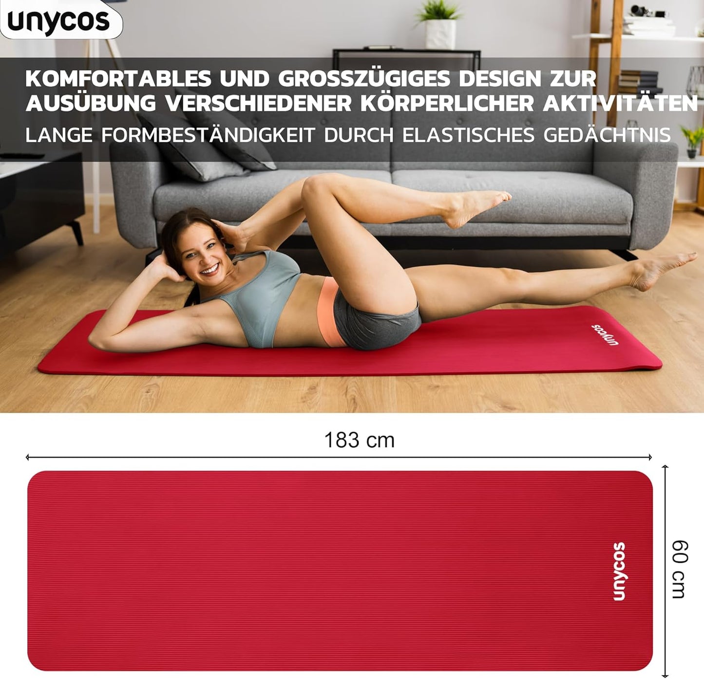 Rutschfeste Yogamatte mit Tragetasche, #05 Rot 183*60*1 cm
