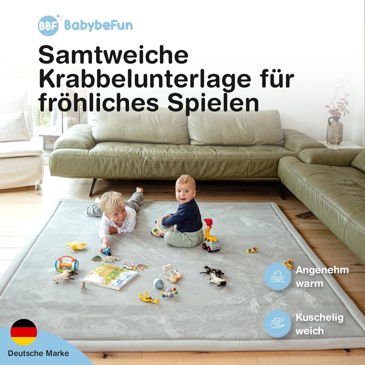 Spielmatte für Babys - 3cm dick, rutschfest, warm, Grau 180 x 200 cm (Rechteckig)
