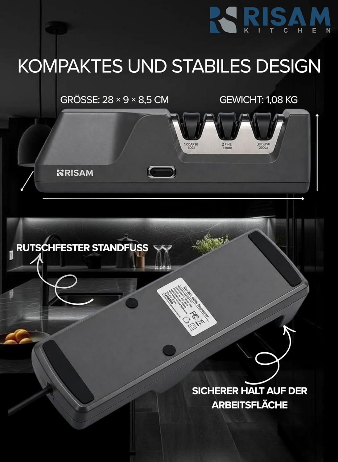 Elektrischer Messerschärfer mit 3-Stufen-Schleifsystem, Anthrazit