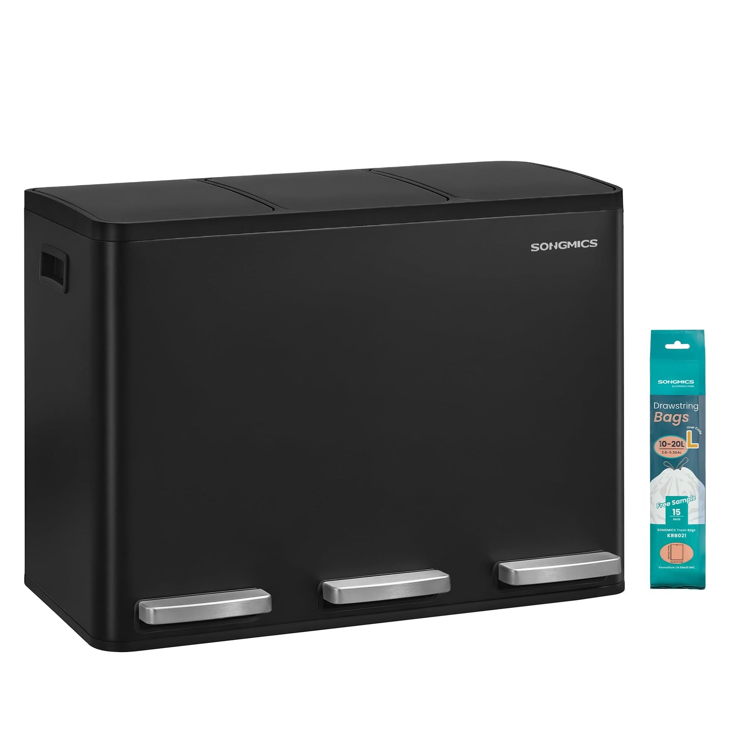 Mülltrennsystem mit Tretmechanismus, 3 x 15 L, LTB145BZ02, schwarz 3 x 15 L