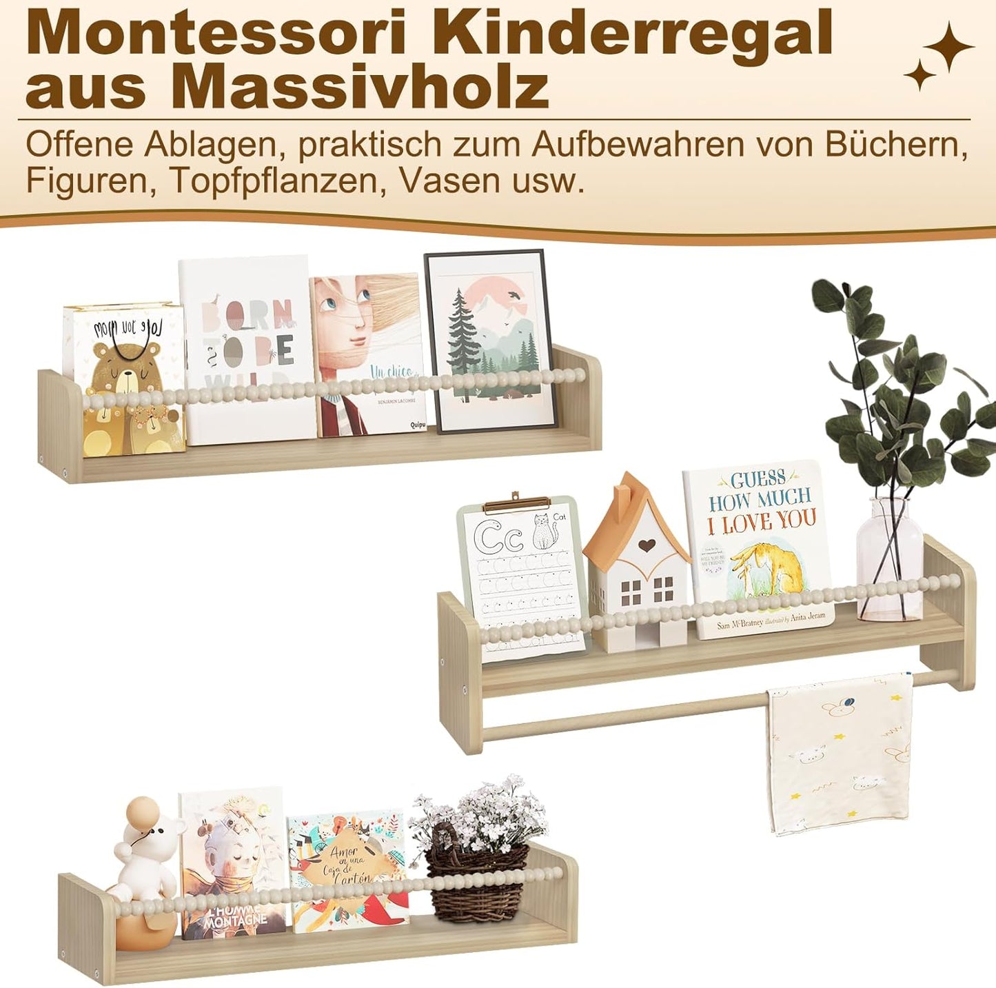 Kinder Bücherregal Wand 3er-Set aus Massivholz, 60 x 15 x 14 cm Naturholzfarbe