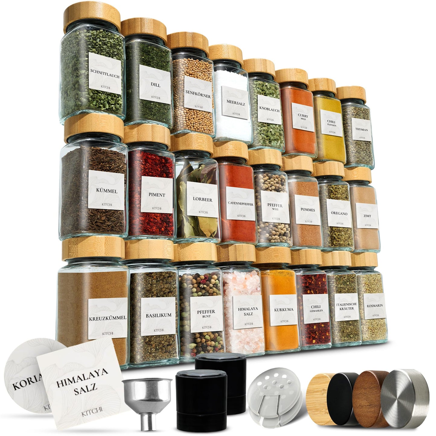 Gewürzgläser-Set mit Bambusdeckel und Mühlen, Bambus + 2 Mühlen