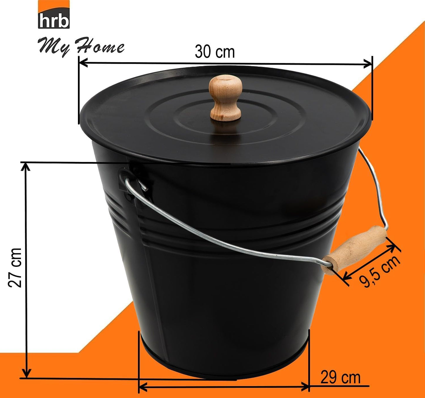 Ascheeimer mit Deckel, 12 Liter Schwarz