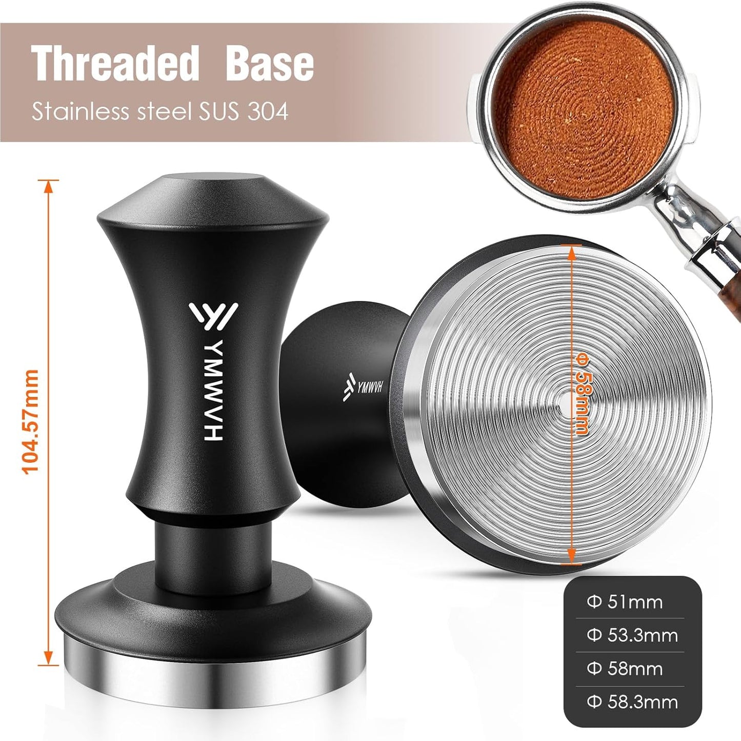 Espresso Tamper mit Ripple Base, Schwarz 58mm mit 20lb Ersatzfeder