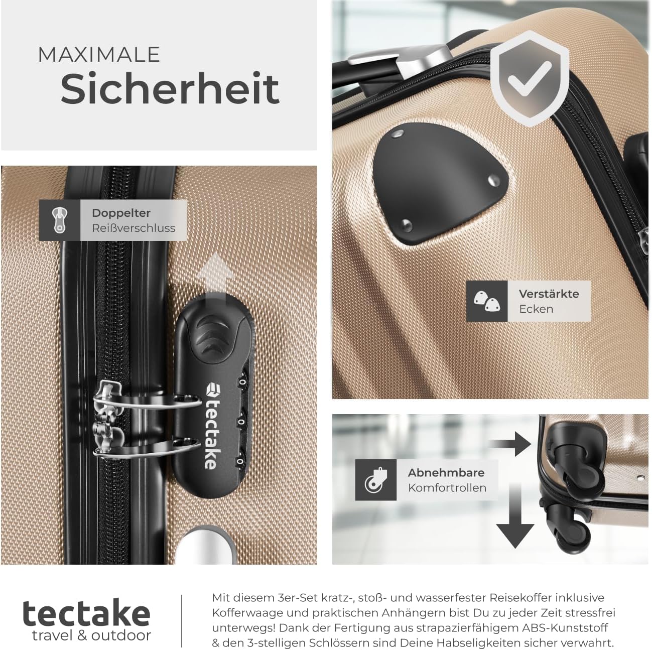 3-teiliges Kofferset mit Kofferwaage und Kofferanhänger, Champagner|Set mit Waage