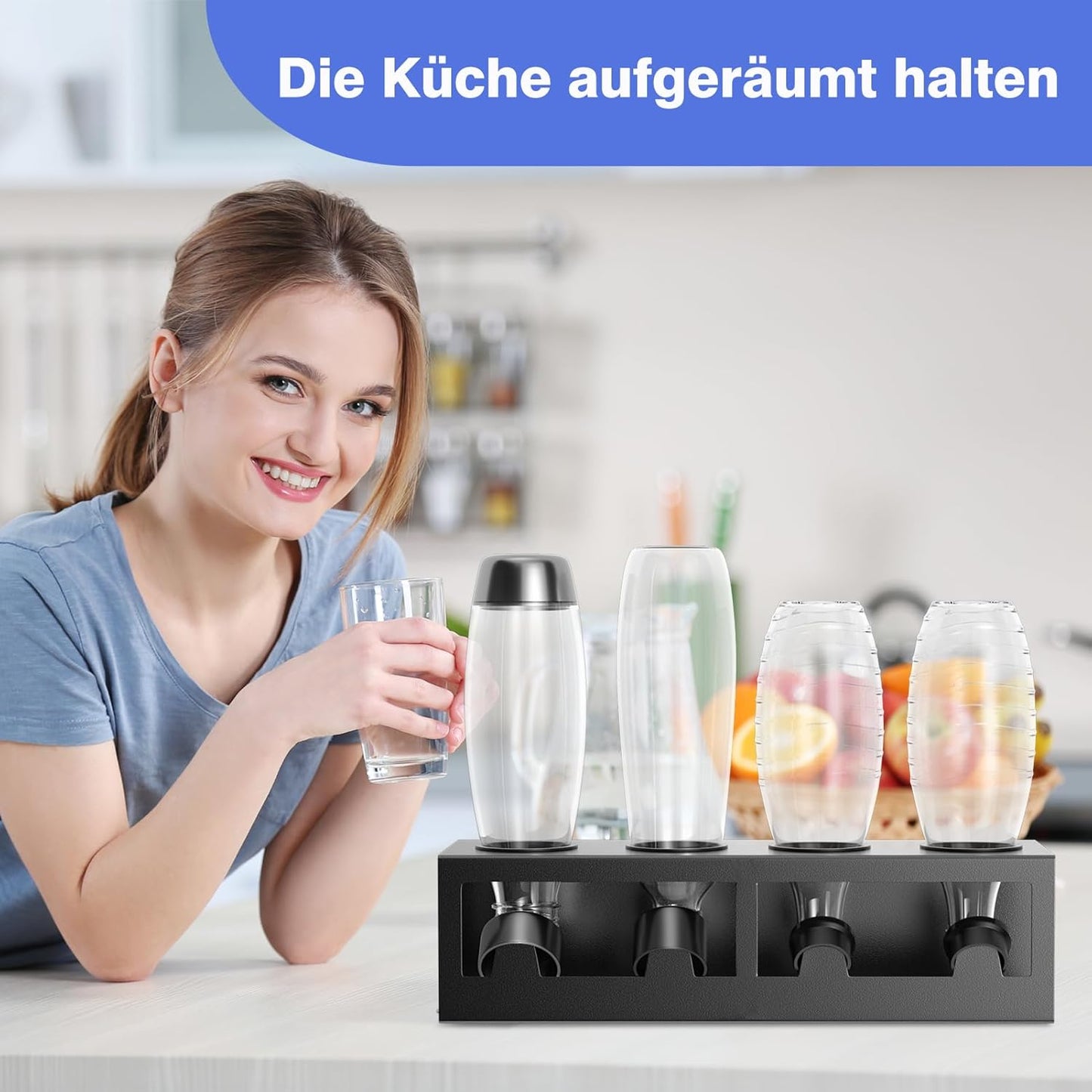 Flaschenhalter Abtropfgestell für SodaStream & Emil, Schwarz 4-Loch