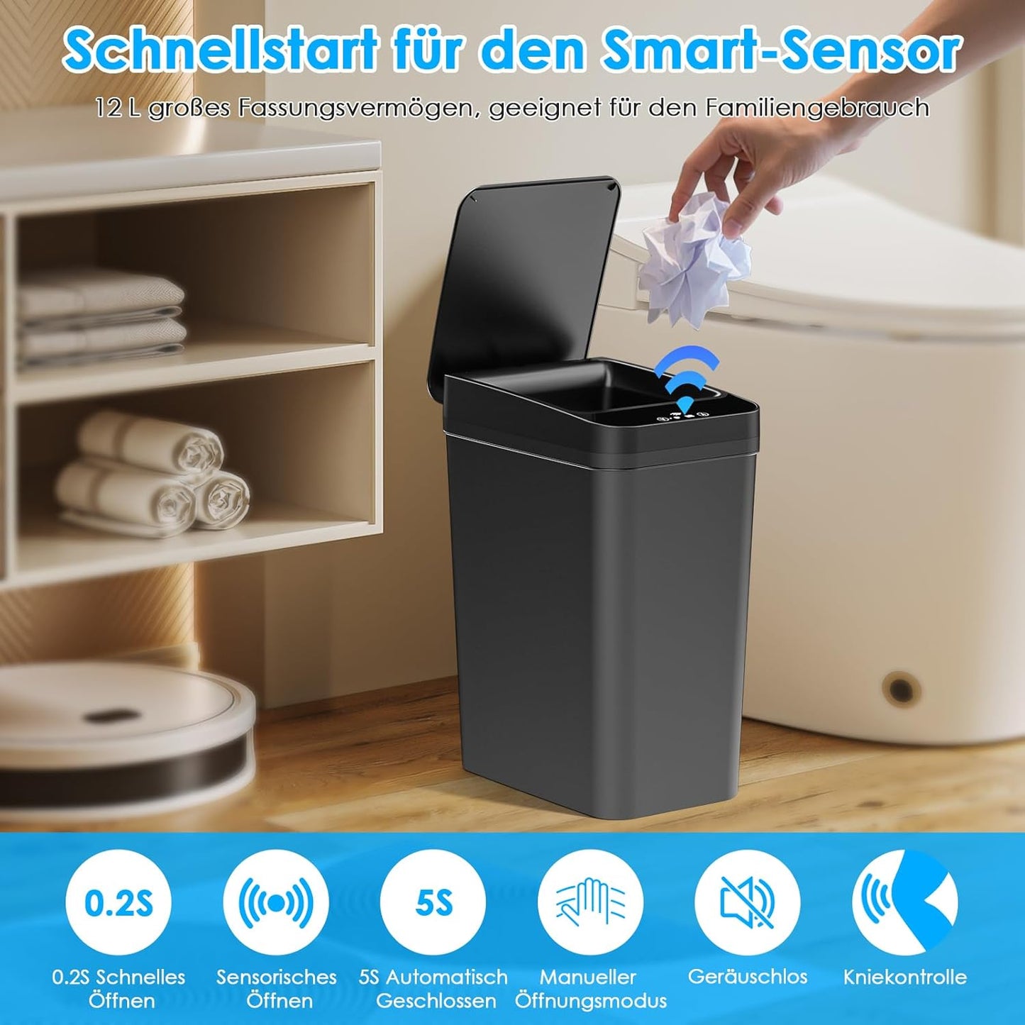 2er-Set Abfalleimer mit Sensor, Schwarz + Weiss