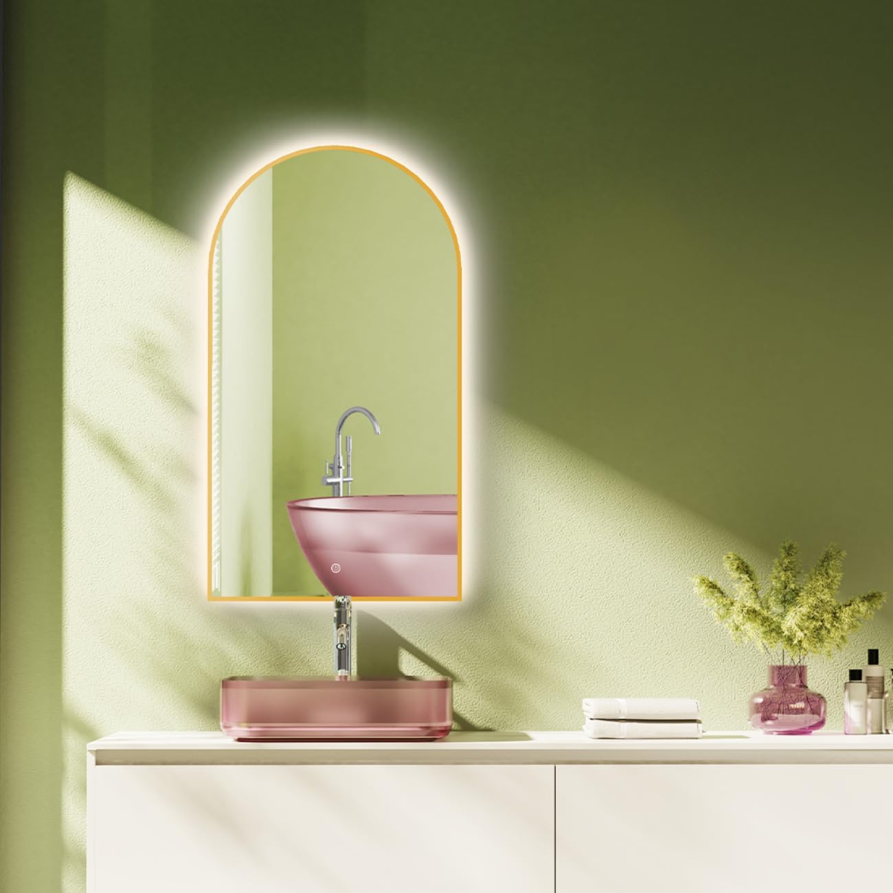 LED Badspiegel mit Touch Schalter, Gold-arch|90L x 50B cm