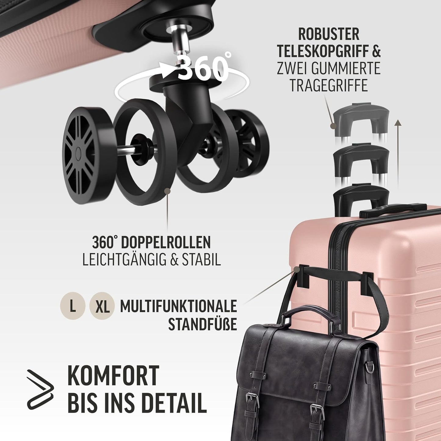 3-teiliges Reise-Kofferset mit 360° Rollen, Pastell-rosa