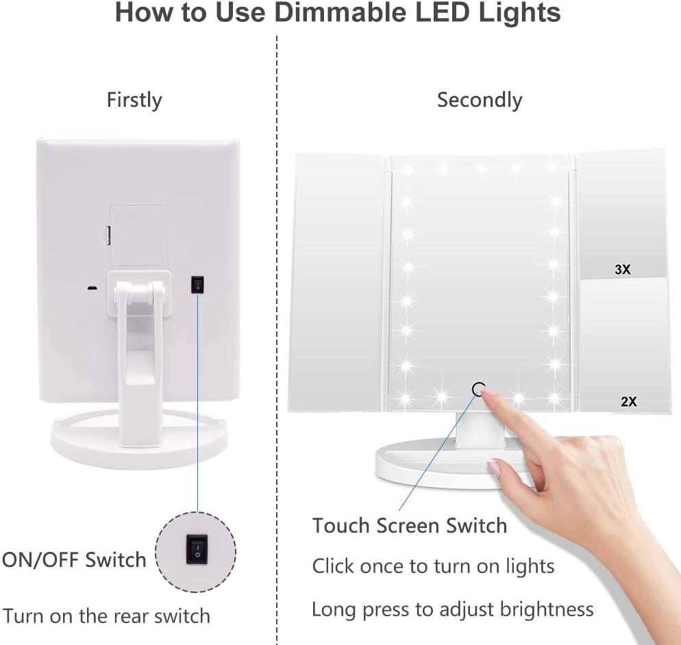 Dreifach gefalteter Kosmetikspiegel mit LED & Vergrösserung, Weiss