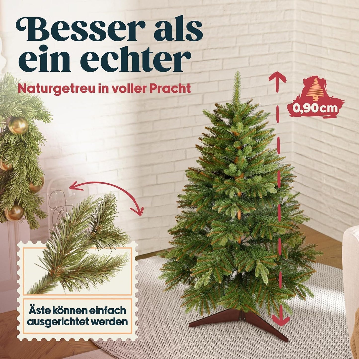 Künstlicher Weihnachtsbaum mit Holzständer, Premium 90cm