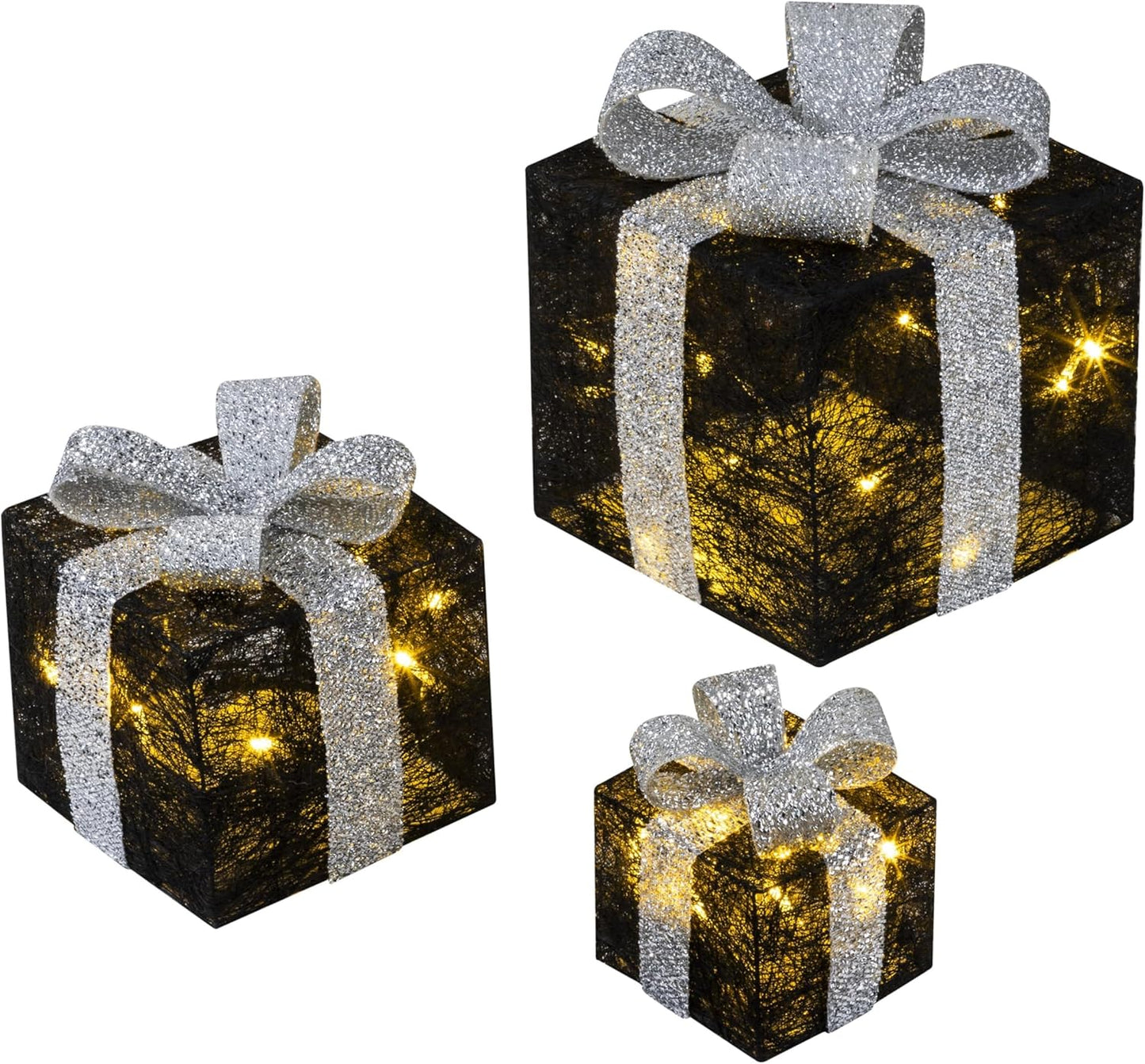 3er-Set LED-Geschenkboxen mit Timer, Schwarz-Silber