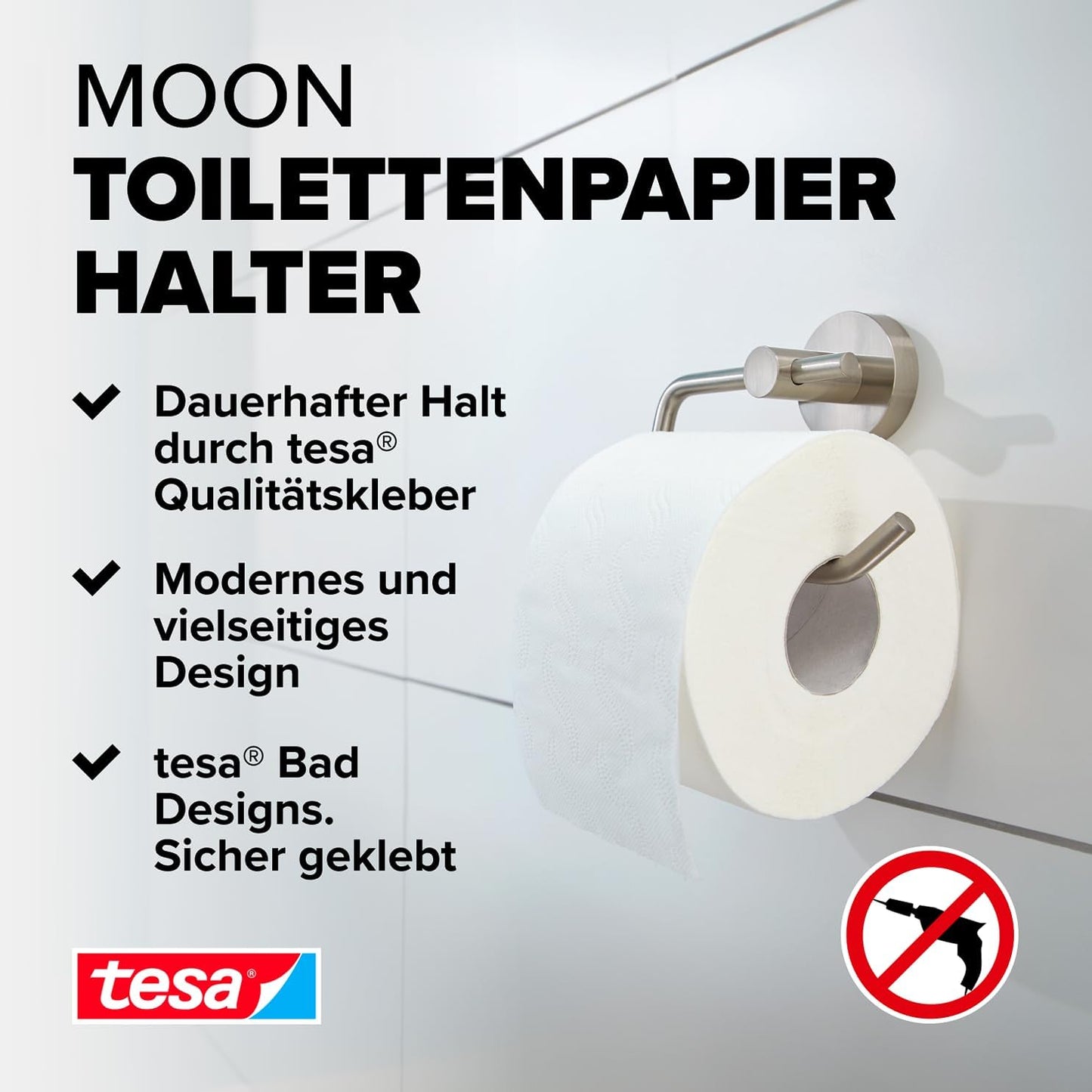 MOON Toilettenrollenhalter inkl. Klebelösung ohne Bohren, Toilettenpapierhalter ohne Deckel